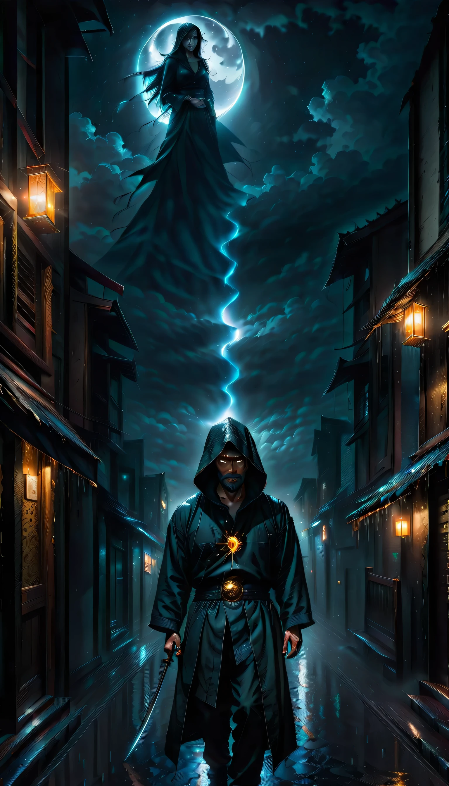 Illustration of a secret base with intricate details, subtle lighting elements, Profile and portrait are too far apart, radiant cooling street, A nervous expression with anger hidden in his chest, Holds a dagger carved with madness, Walk quietly, An atmosphere of beauty like a finely honed blade, Dark fantasy cityscape at night, drizzle and darkest clouds drift, Eternal time, It feels like the wind of eternity, Lonely atmosphere, Tears, Streetlights shining with sadness, Sadness shines through your face, Cold rain, expression of wet clothes, Very dim light with the essence of dark fantasy, dim sadness glow particles coating, sad wish, Still like a movie, A nightmarish sky, Moon and stars through the clouds, Solemn evening, Palette knife and brushstroke supplements, matte painting, wish for death, shinigami atmosphere, One Person, wish for death, floating in sky. additional neo-gothic, shadow minimalism,