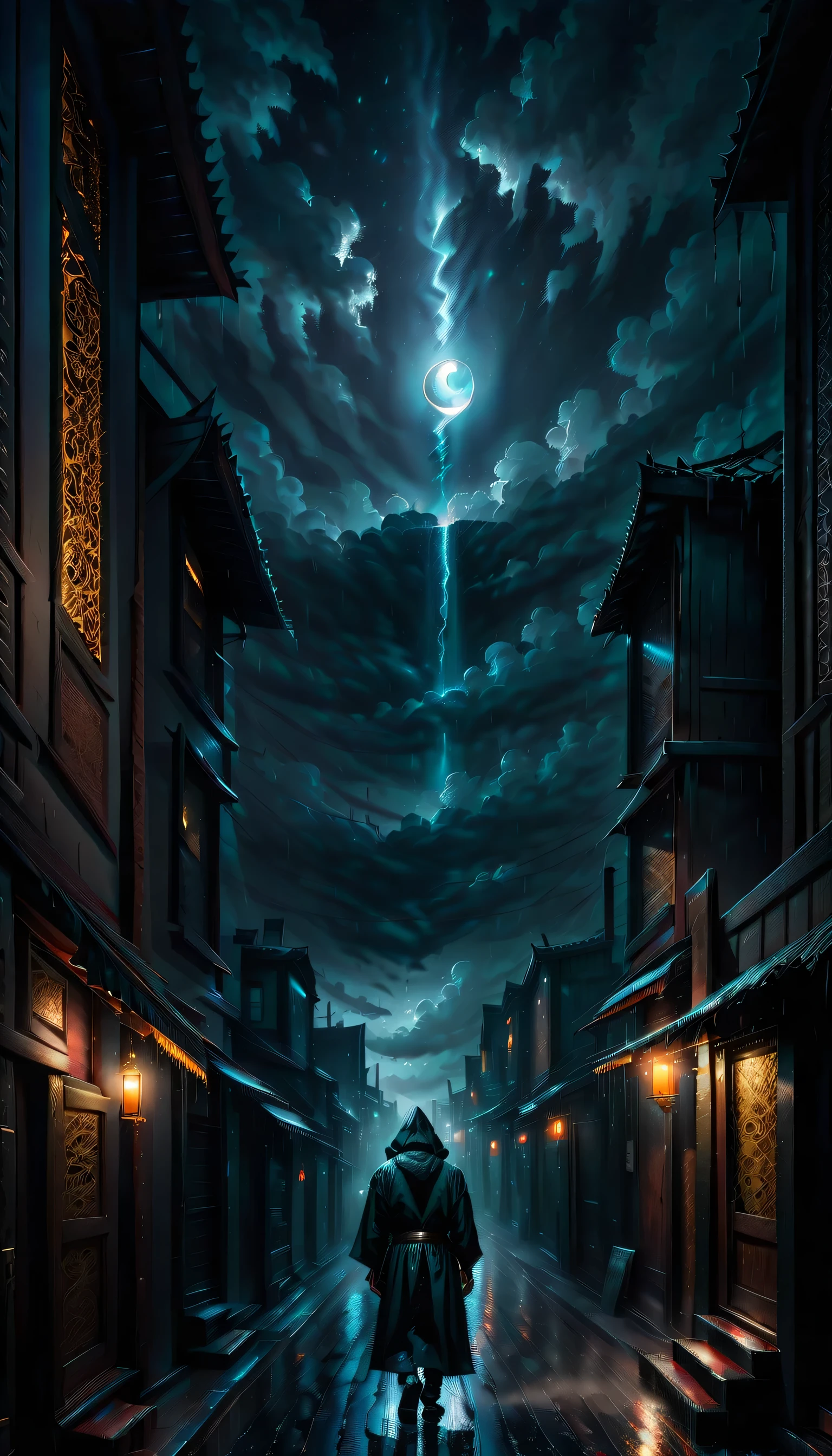 Illustration of a secret base with intricate details, subtle lighting elements, Profile and portrait are too far apart, radiant cooling street, A nervous expression with anger hidden in his chest, Holds a dagger carved with madness, Walk quietly, An atmosphere of beauty like a finely honed blade, Dark fantasy cityscape at night, drizzle and darkest clouds drift, Eternal time, It feels like the wind of eternity, Lonely atmosphere, Tears, Streetlights shining with sadness, Sadness shines through your face, Cold rain, expression of wet clothes, Very dim light with the essence of dark fantasy, dim sadness glow particles coating, sad wish, Still like a movie, A nightmarish sky, Moon and stars through the clouds, Solemn evening, Palette knife and brushstroke supplements, matte painting, wish for death, shinigami atmosphere, One Person, wish for death, floating in sky. additional neo-gothic, shadow minimalism,