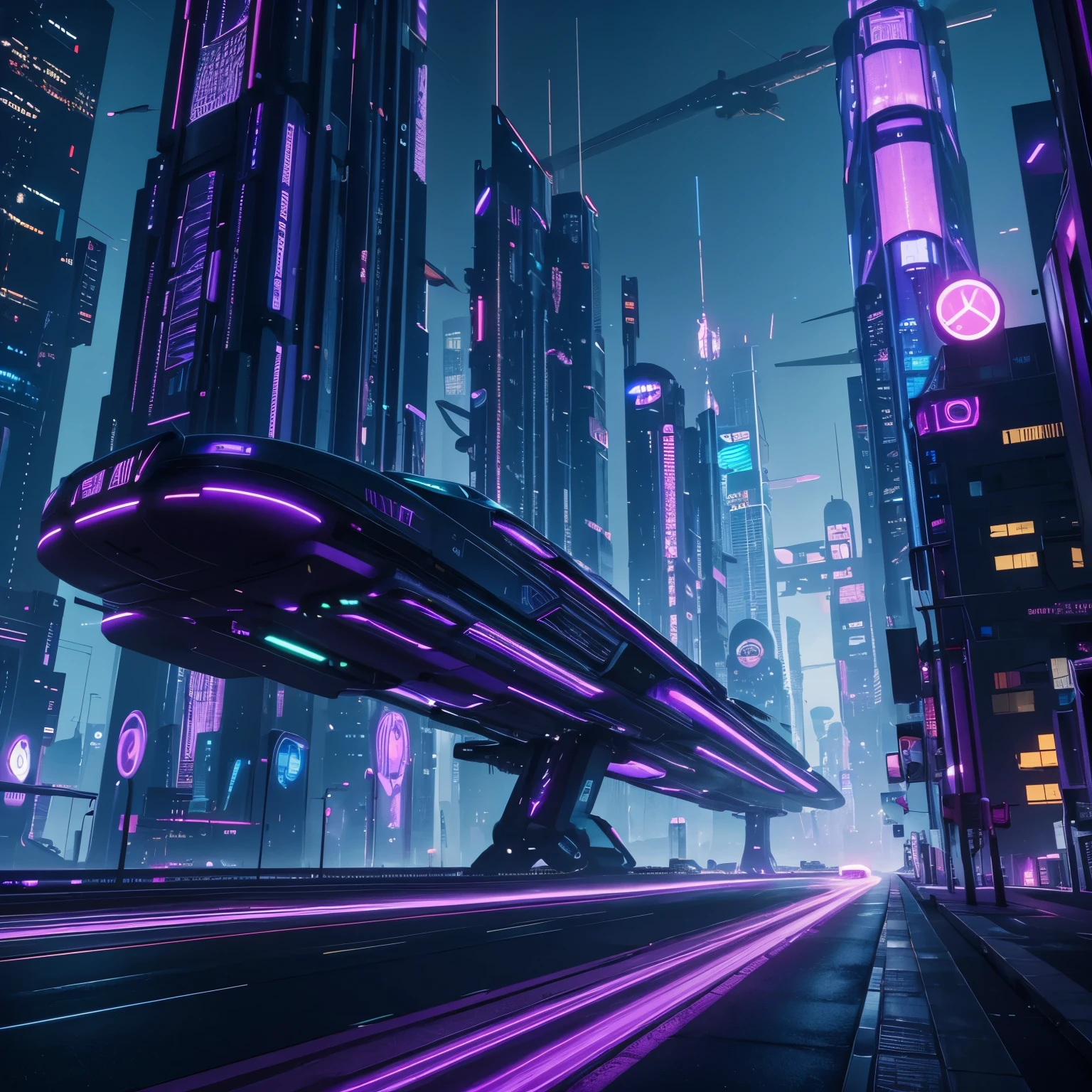 Night city, cyberpunk,tall building, a sky road with flying taxi, colors are purple based, ((futuristic)) and (mechanical) environnement, 4k