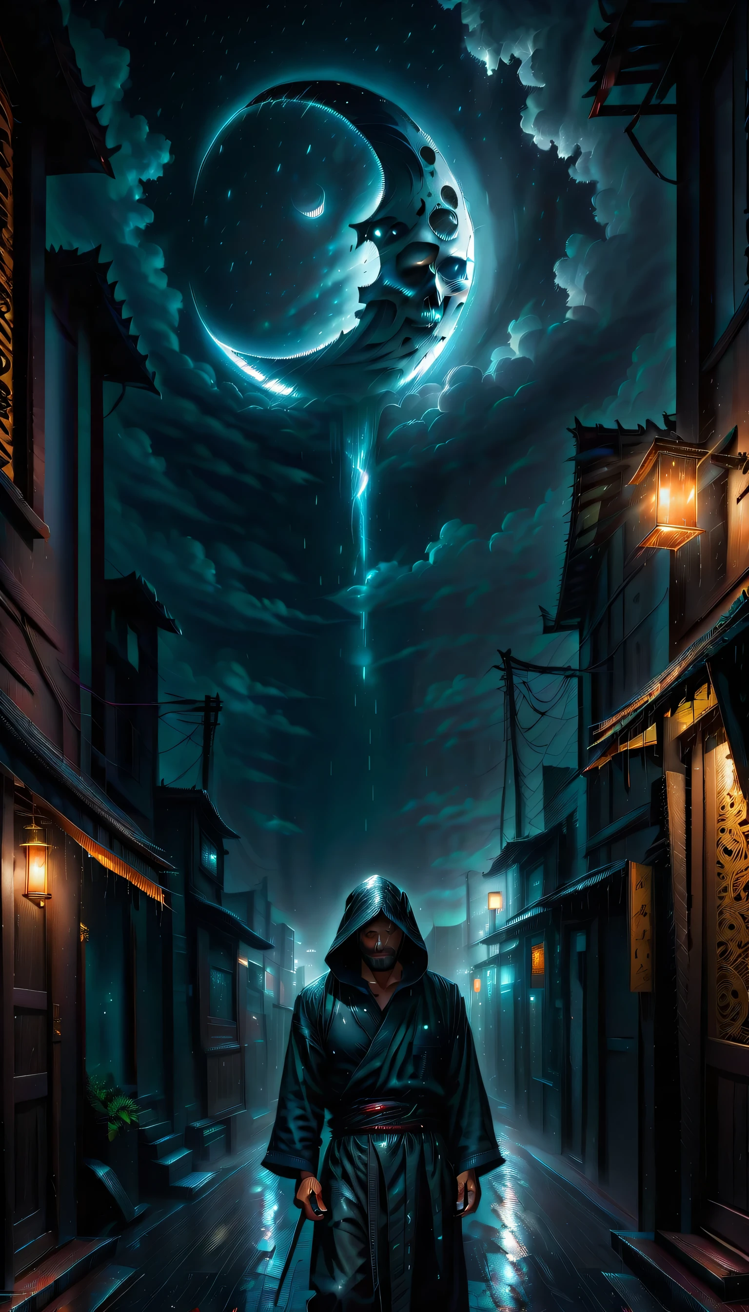 Illustration of a secret base with intricate details, subtle lighting elements, Profile and portrait are too far apart, radiant cooling street, A nervous expression with anger hidden in his chest, Holds a dagger carved with madness, Walk quietly, An atmosphere of beauty like a finely honed blade, Dark fantasy cityscape at night, drizzle and darkest clouds drift, Eternal time, It feels like the wind of eternity, Lonely atmosphere, Tears, Streetlights shining with sadness, Sadness shines through your face, Cold rain, expression of wet clothes, Very dim light with the essence of dark fantasy, dim sadness glow particles coating, sad wish, Still like a movie, A nightmarish sky, Moon and stars through the clouds, Solemn evening, Palette knife and brushstroke supplements, matte painting, wish for death, shinigami atmosphere, One Person, wish for death, floating in sky. additional neo-gothic, shadow minimalism,