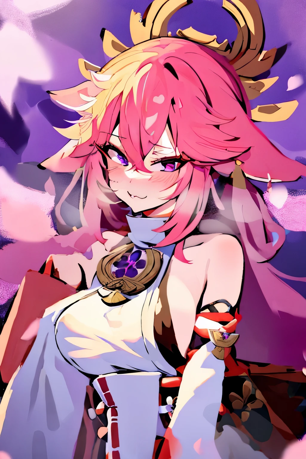 (suggestive:1.3),(corruption),1yae miko,(japanese clothes),dripping, pink hair,purple eyes,blush,upper body,(ahegao:1.1),(naughty face),collarbone,trembling, heart,skindentation, (crazy:1.3),(speed lines),sun, hotspring