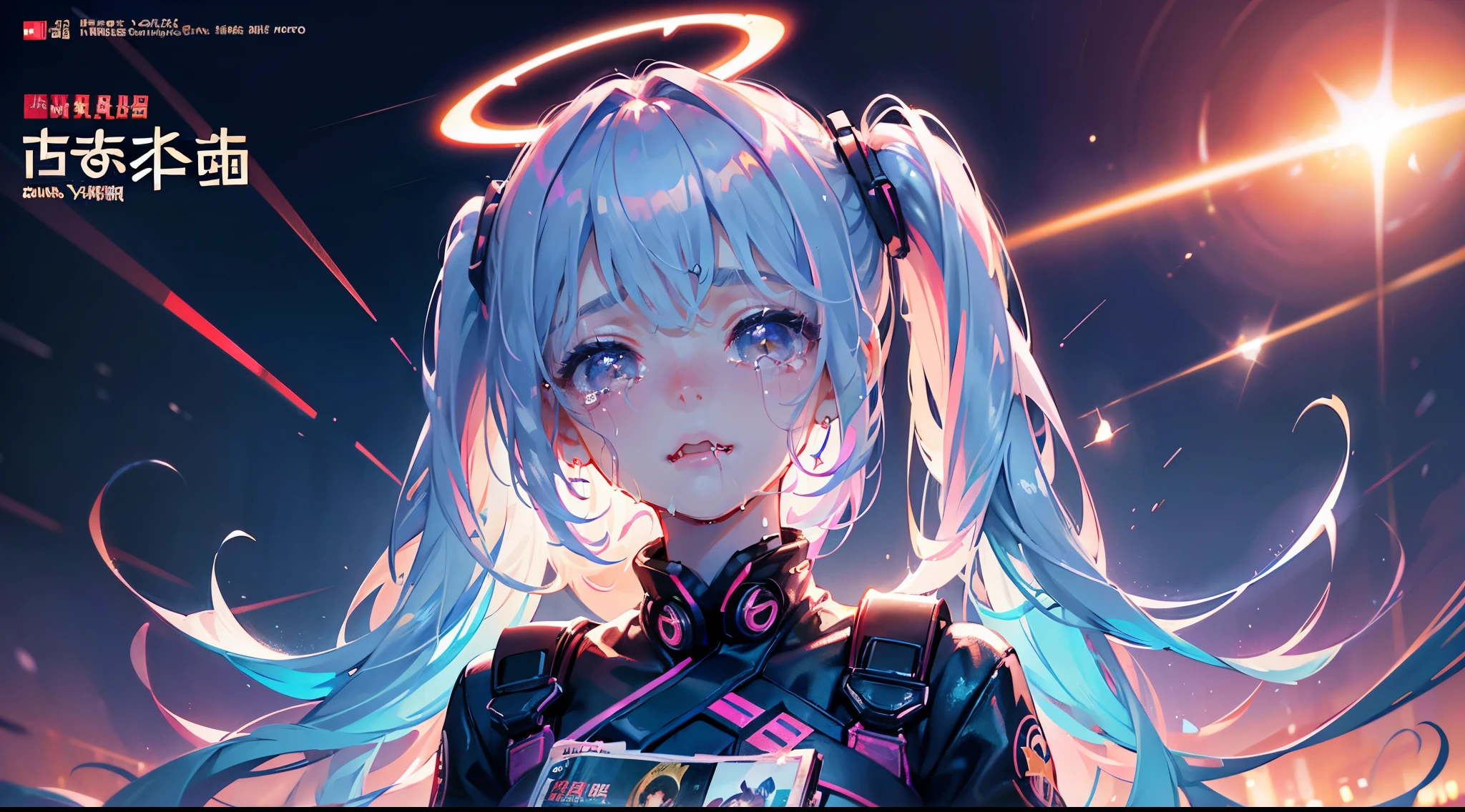 hair bobbles, wince, long eyelashes, solid circle eyes, light smile, ear blush, fang, (rainbow hair), makeup, blush, sad, sad smile, drop shadow, anaglyph, atmospheric perspective, 8k, super detail, accurate, best quality, (cyberpunk), cinematic lighting, masterpiece,1girll, short twintails, Colorful hair, flying, pink bows,((-yeld fee model)),( Stand Neck long sleeve black jacket), mecha, ((dress)), (aquarium), (angel halo), ( wings), (magazine cover), the background is sunrise with planets and shooting stars, aurora, beautiful sky, space view, (wide shot), ((((text)))), (cover), bold, attention-grabbing, ((title)), stylish, (((font))), panorama, eye level shot, tile from below, title from side, title in middle, ((((magazine cover layout)))), (((Chinese New Year))), ((shinning star))