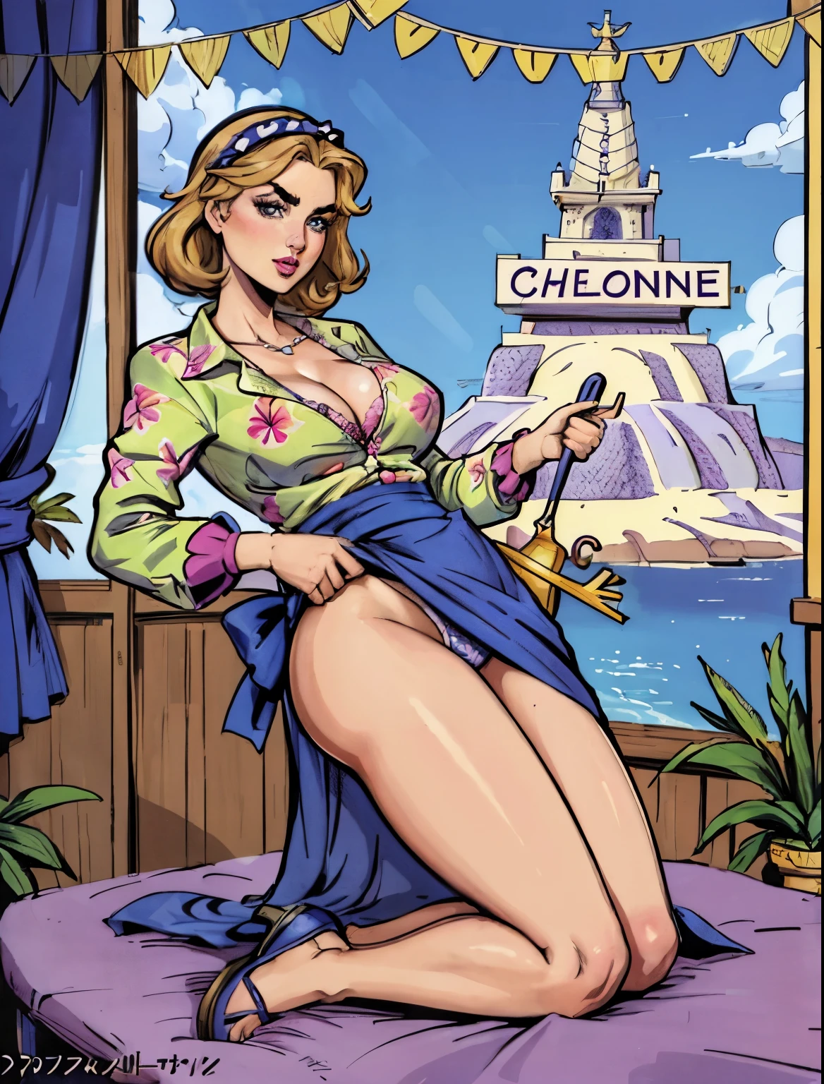 1Femme, 40 ans, gros seins, ((portant un string)), ((Hawaiian shirt)), décolleté, patterned shirt, (touriste), appareil photo, visor, ((cheveux noirs courts)), longues jambes, tongs, pedicure feet, Detailed feet, magnifiques, yeux assortis, detailled eyes, pieds parfaits, yeux pointus, visage parfait, petit nez, yeux parfaits, (thick eyebrows), European, sexy, mannequin, belle, Full body photo, pleine longueur, Retro anime, comics, manga, illustration, Work of'art magistrale, chef-d'work, key art, texture, animated characters, perfectly drawn, anatomiquement correct, finely detailed, profondeur de champ, couleurs vives, saturated colors