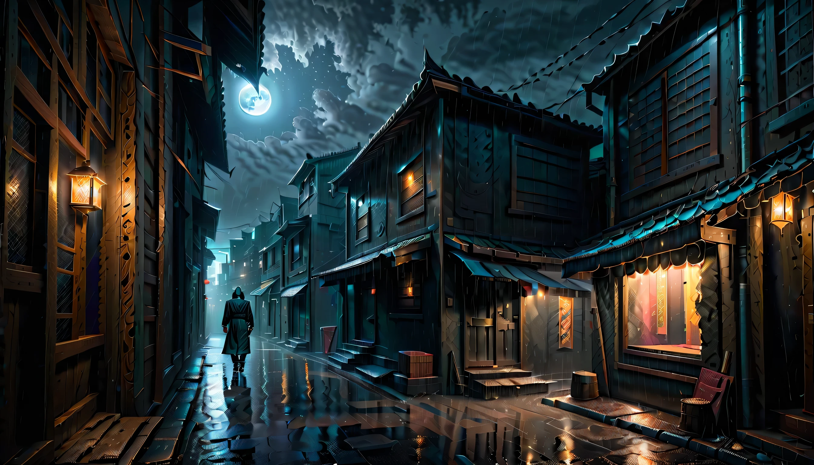 Illustration of a secret base with intricate details, subtle lighting elements, Profile and portrait are too far apart, radiant cooling street, A nervous expression with anger hidden in his chest, Holds a dagger carved with madness, Walk quietly, An atmosphere of beauty like a finely honed blade, Dark fantasy cityscape at night, drizzle and darkest clouds drift, Eternal time, It feels like the wind of eternity, Lonely atmosphere, Tears, Streetlights shining with sadness, Sadness shines through your face, Cold rain, expression of wet clothes, Very dim light with the essence of dark fantasy, dim sadness glow particles coating, sad wish, Still like a movie, A nightmarish sky, Moon and stars through the clouds, Solemn evening, Palette knife and brushstroke supplements, matte painting, wish for death, shinigami atmosphere, One Person, wish for death, floating in sky. additional neo-gothic, shadow minimalism,