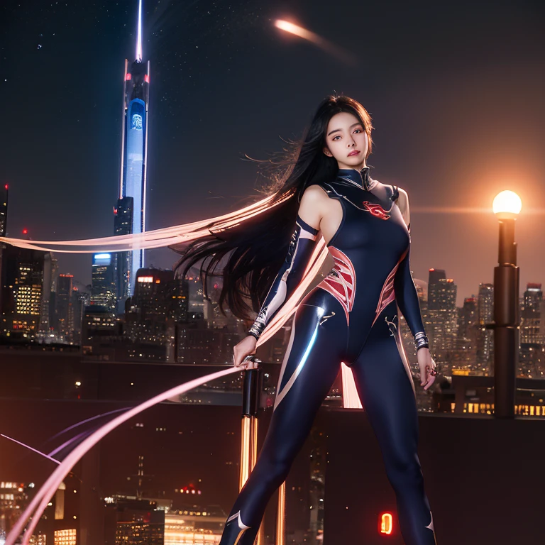 Beautiful CG animated Asians,in my 20s,Star face,Mecha tights body,glowing hairlack element,Mechanical City