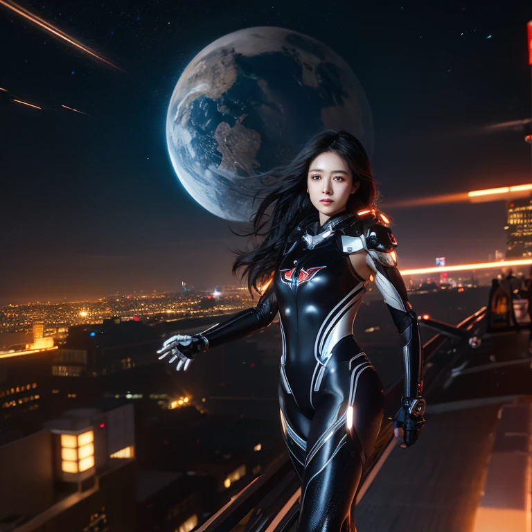 Beautiful CG animated Asians,in my 20s,Star face,Mecha tights body,glowing hairlack element,Mechanical City