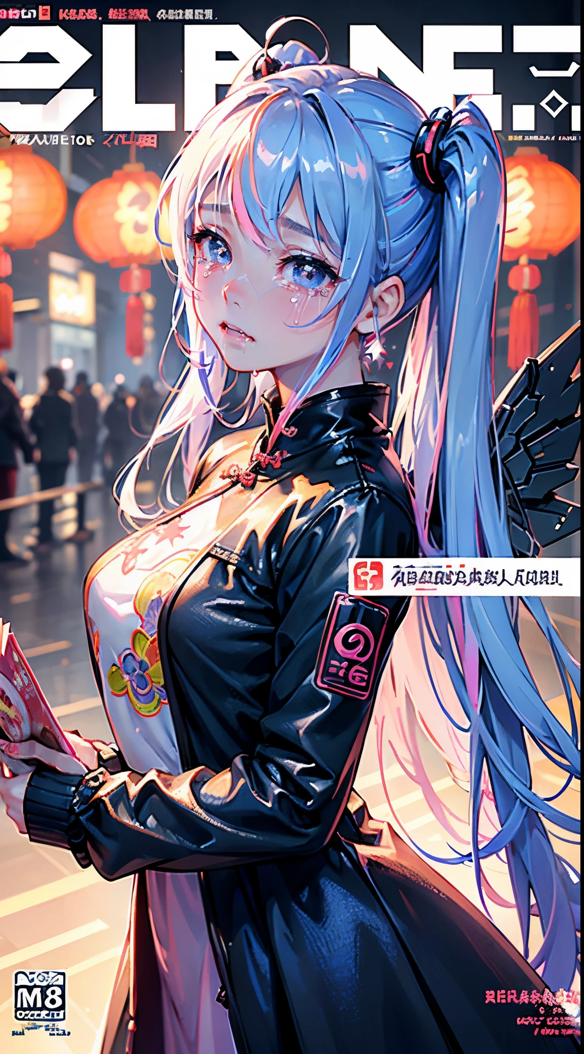 hair bobbles, wince, long eyelashes, solid circle eyes, light smile, ear blush, fang, (rainbow hair), makeup, blush, sad, sad smile, drop shadow, anaglyph, atmospheric perspective, 8k, super detail, accurate, best quality, (cyberpunk), cinematic lighting, masterpiece,1girll, short twintails, Colorful hair, flying, pink bows,((16-year-old female model)),( Stand Neck long sleeve black jacket), mecha, ((dress)), (aquarium), (angel halo), ( wings), (magazine cover), the background is sunrise with planets and shooting stars, aurora, beautiful sky, space view, (wide shot), ((((text)))), (cover), bold, attention-grabbing, ((title)), stylish, (((font))), panorama, eye level shot, tile from below, title from side, title in middle, ((((magazine cover layout)))), (((Chinese New Year))), ((shinning star))