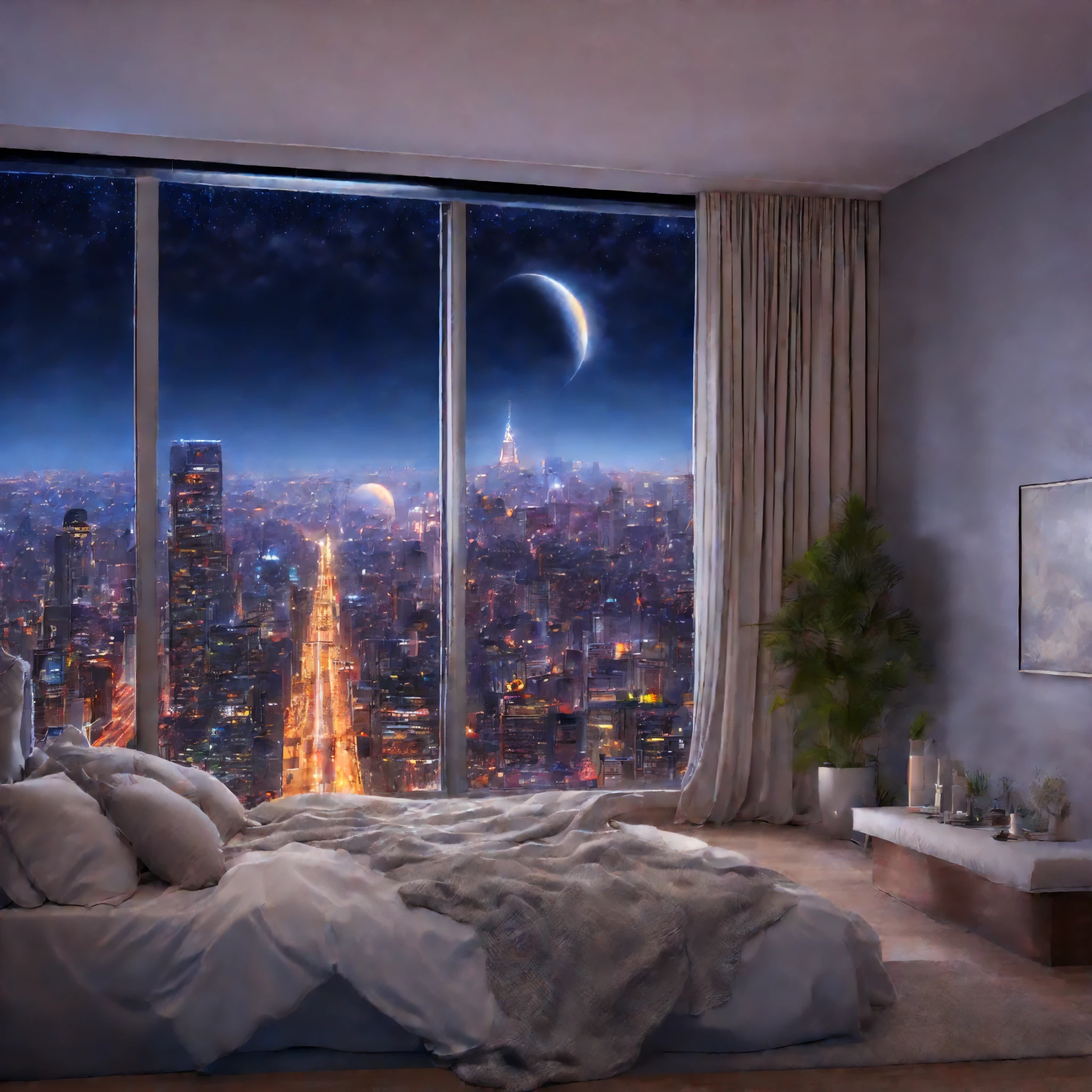 finest image, 8k, RAW photo, realistic, detailed, delicate, flashy and dynamic depiction, the dazzling night view of the downtown area of ​​a big city seen from the window of a high-rise apartment, the pale moon, the starry iridescent sky, and fantasy, art