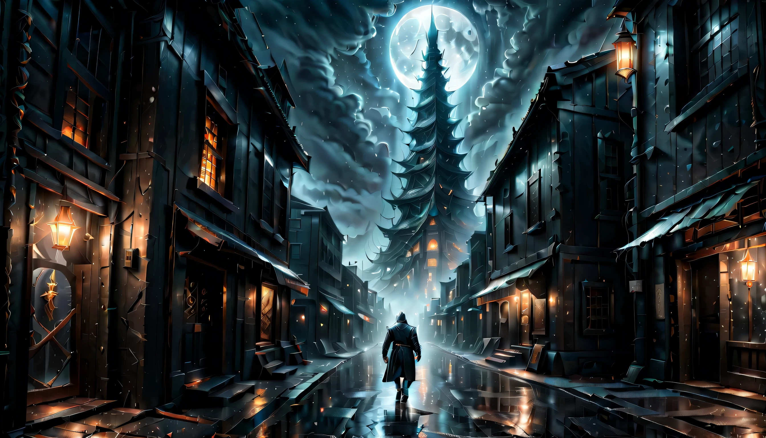 Illustration of a secret base with intricate details, subtle lighting elements, Profile and portrait are too far apart, radiant cooling street, A nervous expression with anger hidden in his chest, Holds a dagger carved with madness, Walk quietly, An atmosphere of beauty like a finely honed blade, Dark fantasy cityscape at night, drizzle and darkest clouds drift, Eternal time, It feels like the wind of eternity, Lonely atmosphere, Tears, Streetlights shining with sadness, Sadness shines through your face, Cold rain, expression of wet clothes, Very dim light with the essence of dark fantasy, dim sadness glow particles coating, sad wish, Still like a movie, A nightmarish sky, Moon and stars through the clouds, Solemn evening, Palette knife and brushstroke supplements, matte painting, death wish for death with keep singing death-god, god of death, wish for death, floating in sky. additional gothic style,