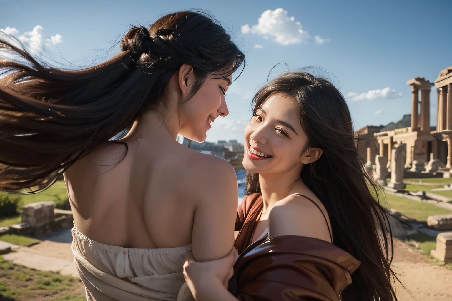 Ancient Roman landscape in the style of Nicolas Poussin,A smile,,Sweet and seductive appearance.、Caravaggio's paintings、Chiaroscuro of Caravaggio、Hair disheveled in the wind,Two women frolicking,Cute smile, Expression of ecstasy,A sexy,erotick