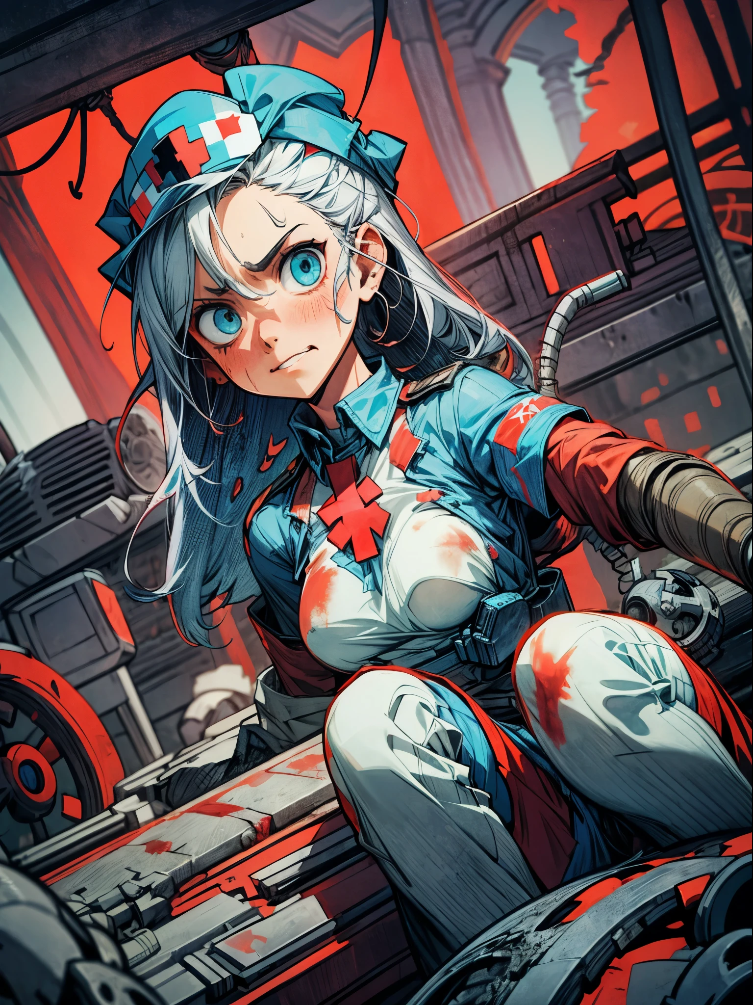 Masterpiece in maximum 16K resolution, macabre Silent Hill style. | A 20-year-old woman, wears a nurse outfit all in white, now dirty, torn, and stained with blood. Her body shows signs of exertion, covered in sweat, as she gazes at the viewer with a determined look and an evil smile. Her short, blue hair with a voluminous fringe in front of her right eye is complemented by a macabre nurse cap, boasting a red cross in the center. Amidst a deteriorated, dirty, and macabre hospital filled with destroyed hospital machines, old and broken beds, bloody demons, macabre altars, rocky structures, leaking pipes, and ruined computers. The Silent Hill style permeates the scene, immersing it in a demonic atmosphere of horror and terror. | The composition of the scene emphasizes decay and horror, using dark angles and play of light and shadow to intensify the macabre atmosphere. Details such as blood on the costumes, the sinister facial expression of the character, and the destruction of the hospital contribute to creating a visually impactful experience. | Scene of a macabre woman in a nurse outfit, immersed in a Silent Hill environment full of demons and destruction, with her determined gaze and evil smile. | {The camera is positioned very close to her, revealing her entire body as she adopts an angry_poseas, interacting with and leaning on a structure in the scene in an exciting way} | She is adopting an ((angry_poseas interacts, boldly leaning on a structure, leaning back in an exciting way):1.3), ((perfect_pose)), ((full body)), perfect_fingers, perfect_legs, “More Detail”