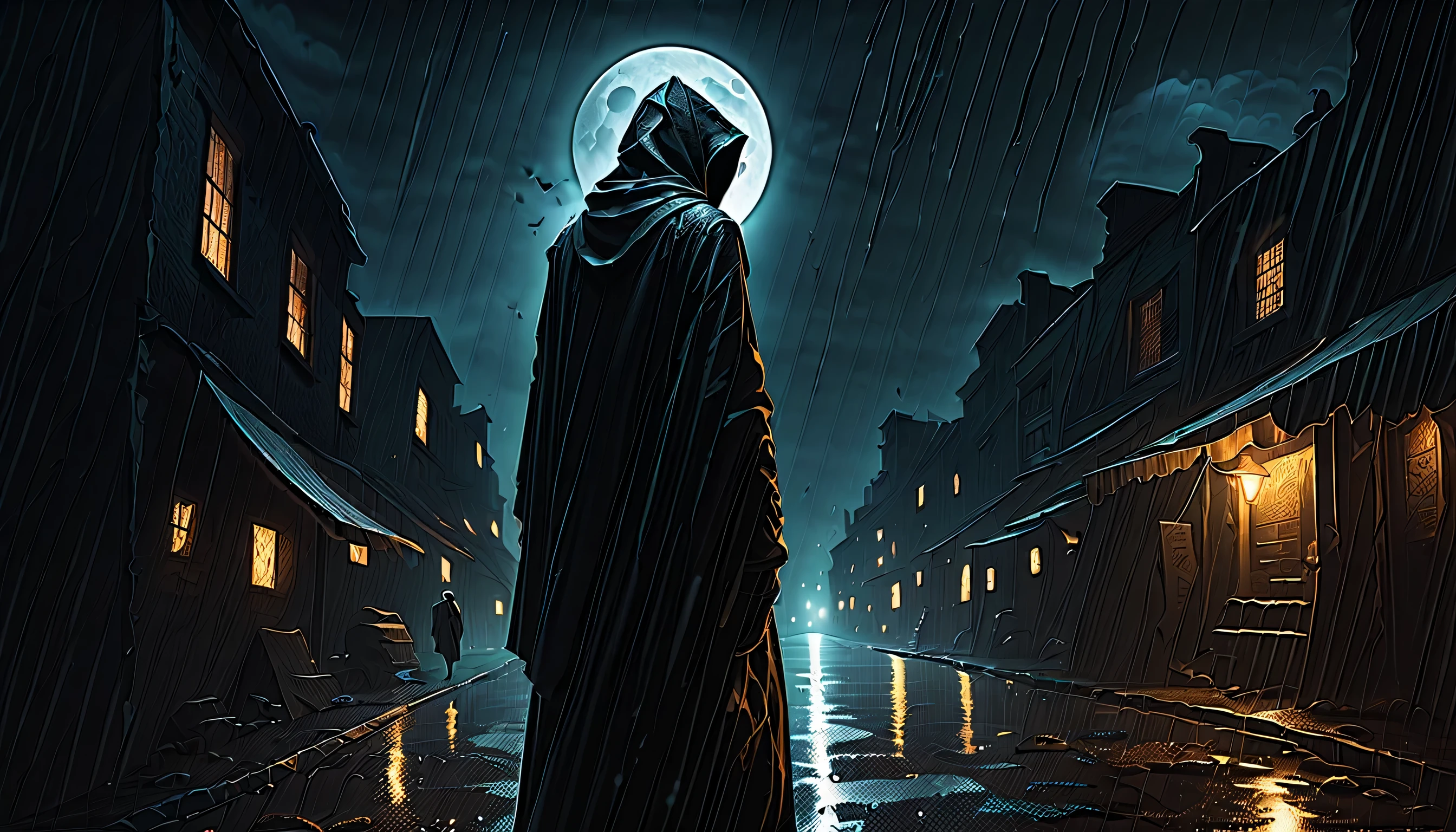 Illustration of a secret base with intricate details, subtle lighting elements, Profile and portrait are too far apart, radiant cooling street, A nervous expression with anger hidden in his chest, Holds a dagger carved with madness, Walk quietly, An atmosphere of beauty like a finely honed blade, Dark fantasy cityscape at night, drizzle and darkest clouds drift, Eternal time, It feels like the wind of eternity, Lonely atmosphere, Tears, Streetlights shining with sadness, Sadness shines through your face, Cold rain, expression of wet clothes, Very dim light with the essence of dark fantasy, dim sadness glow particles coating, sad wish, Still like a movie, A nightmarish sky, Moon and stars through the clouds, Solemn evening, Palette knife and brushstroke supplements, matte painting, death wish for death with keep singing death-god, god of death, wish for death, floating in sky.