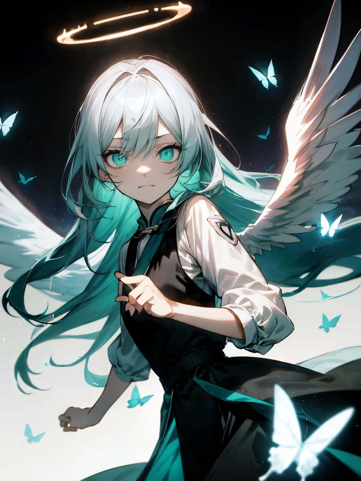 Best Quality、masutepiece、Ultra-detailed、face perfect、Extremely detailed、Extremely delicate、1 boy, (Scary), Angel, blanche髪、Long hair、Gorgeolanche&#39;The halo), Dark, Glowing eyes, Light green eyes, Angel wings,  holy, , blancheのチュニック, 2対のblanche angel wings, which are full of confidence,  close your mouth slightly、Expressive eyes, collofull eyes, Contrasty, shadowy, masutepiece, Digital Art, Glowing eyes, Intimidating, corrupted, Demonic, Abstract background, blanche, black and teal、両手にblancheく輝く星を浮かばせる、fear、A light blue butterfly dances