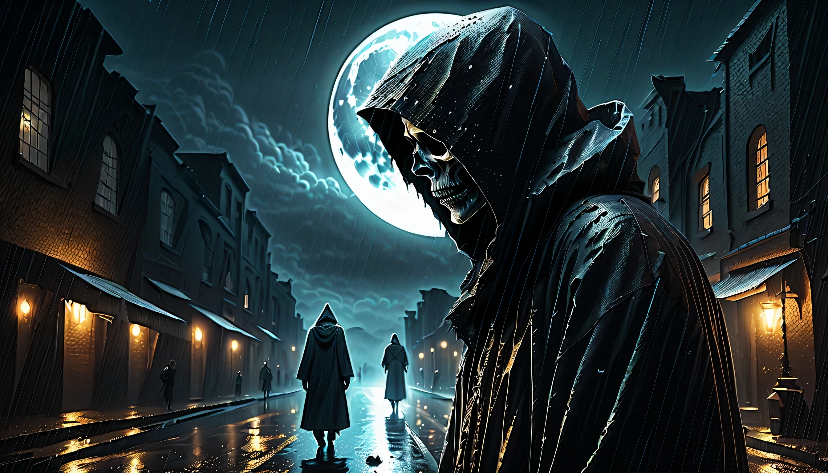 Illustration of a secret base with intricate details, subtle lighting elements, Profile and portrait are too far apart, radiant cooling street, An assassin with a nervous expression, hiding his anger in his chest., Holds a dagger carved with madness, Walk quietly, An atmosphere of beauty like a finely honed blade, Dark fantasy cityscape at night, drizzle and darkest clouds drift, Eternal time, It feels like the wind of eternity, Lonely atmosphere, Tears, Streetlights shining with sadness, Sadness shines through your face, Cold rain, expression of wet clothes, Very dim light with the essence of dark fantasy, dim sadness glow particles coating, sad wish, Still like a movie, A nightmarish sky, Moon and stars through the clouds, Solemn evening, Palette knife and brushstroke supplements, matte painting, death wish for death with keep singing death-god, god of death, wish for death, floating in sky.