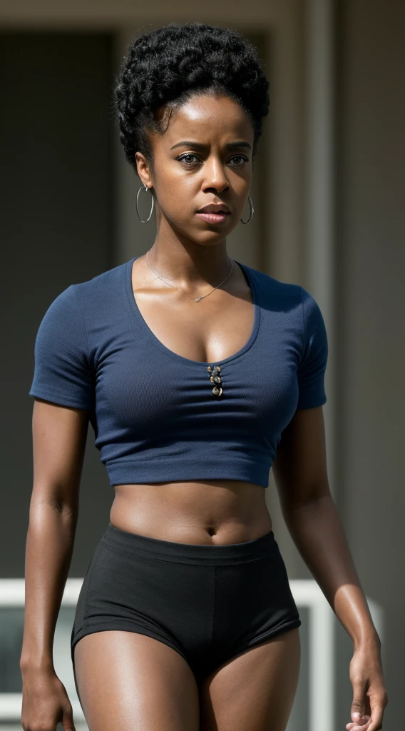 a woman with a blue shirt and black spandex shorts, this person does not exist, 30 years old, mixed-race woman, black-cuban-french, Aida Muluneh-Sasha Compère-Jenifer Lewis-Lolly Adefope-Amandla Stenberg-Tamala Jones-Kylie Bunbury-Wiz Khalifa-Condola Rashad-Jayme Lawson-Kelly Rowland-Samantha Logan-Jerrika Hinton-Aja Naomi King Merged, entire body visible, full body, hyperrealistic, best quality, 8K, real human skin, masterpiece, extremely intricate, medium closeup, detailed eyes, detailed face, detailed body, exaggerated features, pronounced features