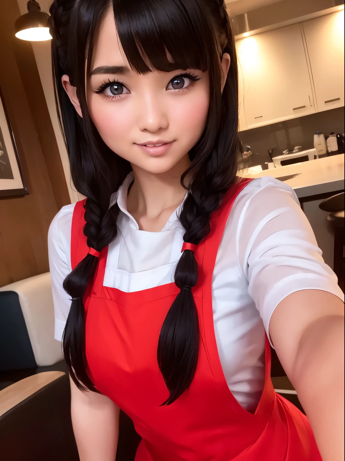 ((Best Quality, 8K, masutepiece)), ultra-detailliert, Sharp Focus, 1 cute girl, ((Red Polar Apron:1.4)), (Black hair, Upstyle:1.4), (Blouse:1.4), Highly detailed face and skin texture, ((detailed eyes beautiful eyes:1.4)), (Smile:1.15), (Closed mouth), cafes