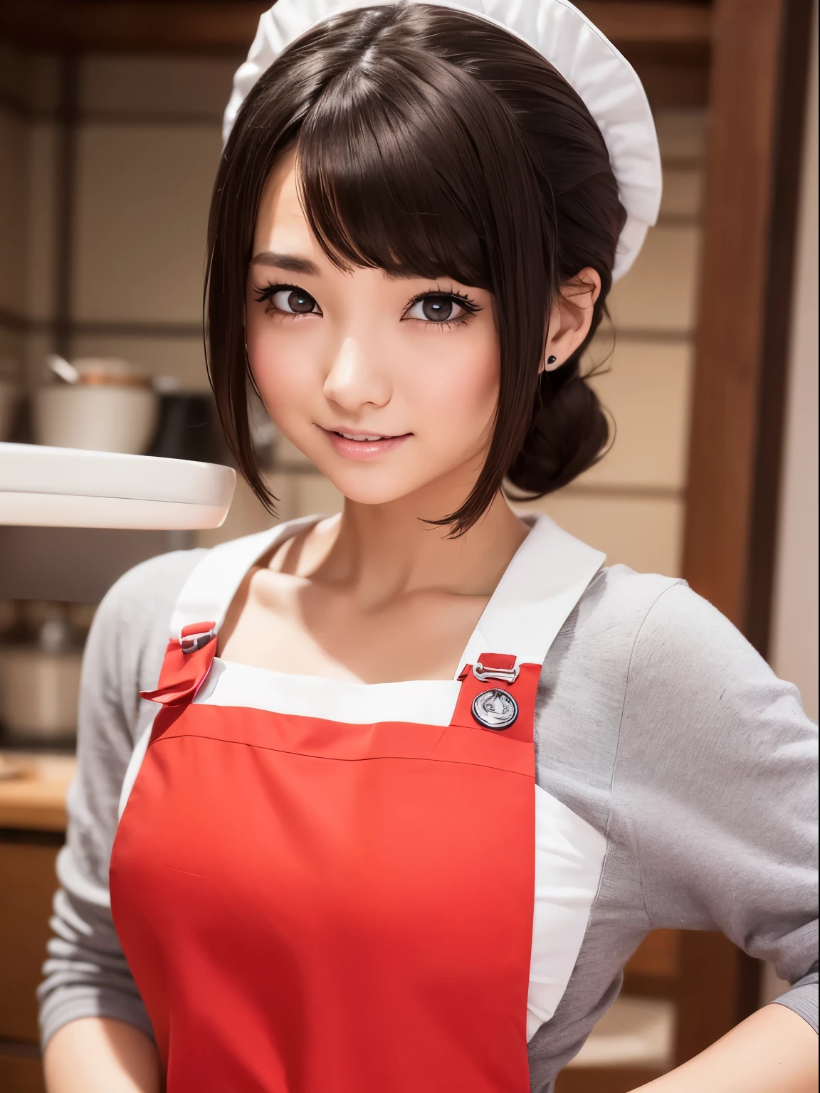 ((Best Quality, 8K, masutepiece)), ultra-detailliert, Sharp Focus, 1 cute girl, ((Red Polar Apron:1.4)), (Black hair, Upstyle:1.4), (Blouse:1.4), Highly detailed face and skin texture, ((detailed eyes beautiful eyes:1.4)), (Smile:1.15), (Closed mouth), cafes