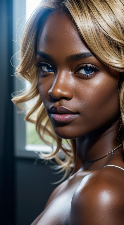 Dark skin beautiful girl, blond curly hair,  blue eyes, facing camera, detail,intricate design and details, ultra-detailed, highest detail quality, ultra-realistic, photography lighting, reflection mapping, photorealistic, cinematic, cinematic noise, movie quality rendering, octane rendering, sharp focus, 8k, depth of field, real shadow, vfx post-production, rtx ray tracing lighting --ar 9:1