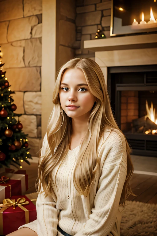 beautiful young girl, long blonde hair, looking at viewer, head portrait, photorealism sitting next to fireplace during christmas