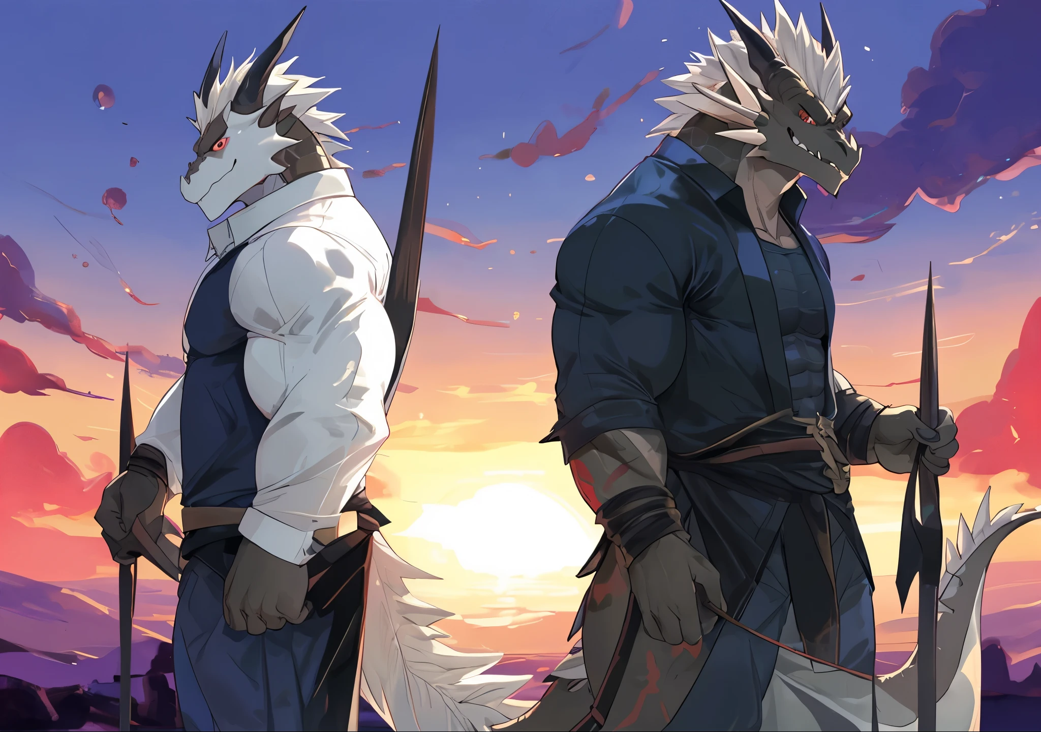 Masterpiece, 2 Male Fury Dragon, Muscular, Handsome, Cool pose, Smiling