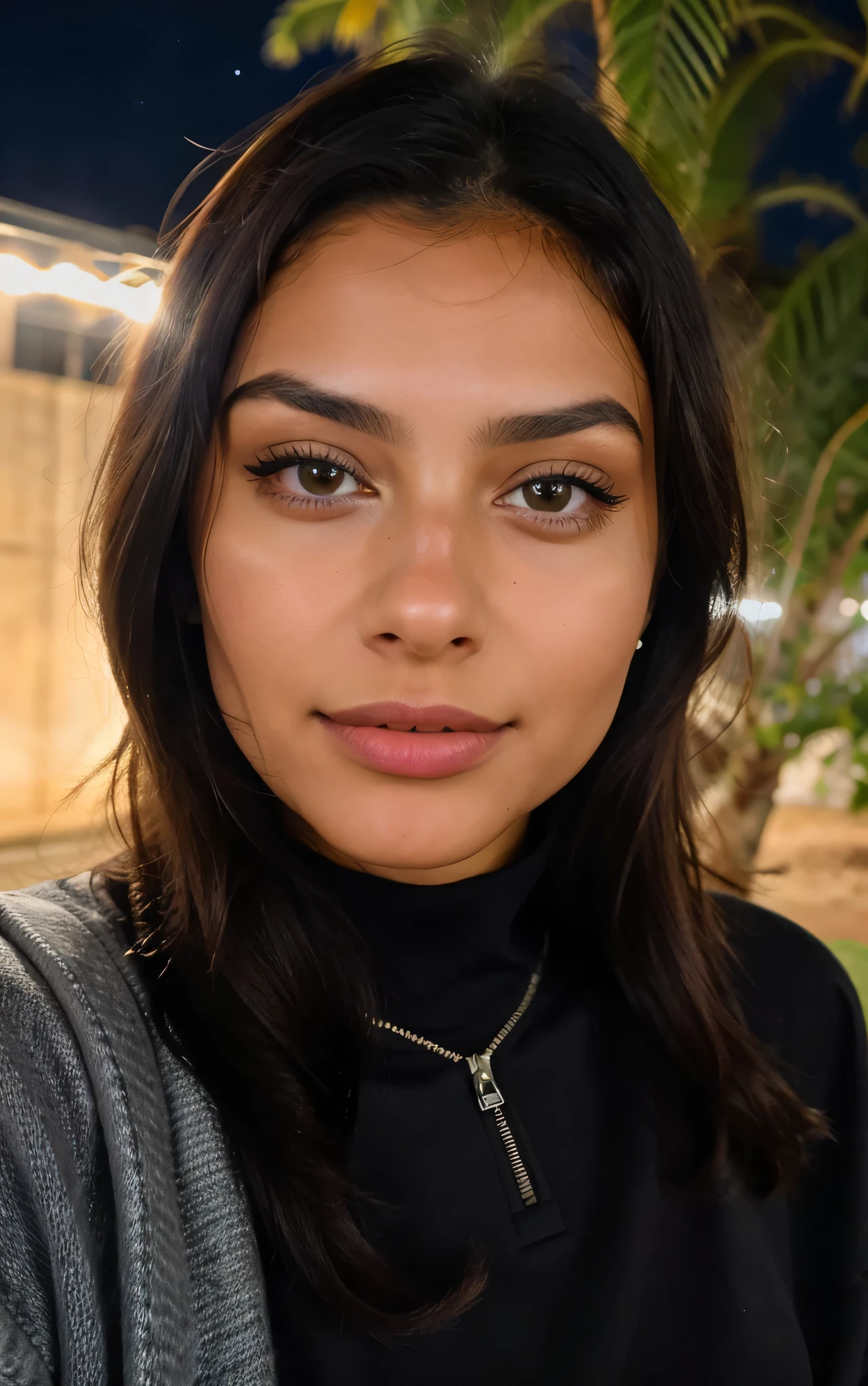 photorealistic, best quality, hyper detailed, 20 years old beautiful arab woman, passport photo, upper body, solo, wearing pullover, outdoors, (night), real life nature, (cheerful, happy), flashlight, analog style, looking at viewer, skin texture, film grain, close up, ultra high res, best shadow, passport size photo, front look, RAW, instagram LUT