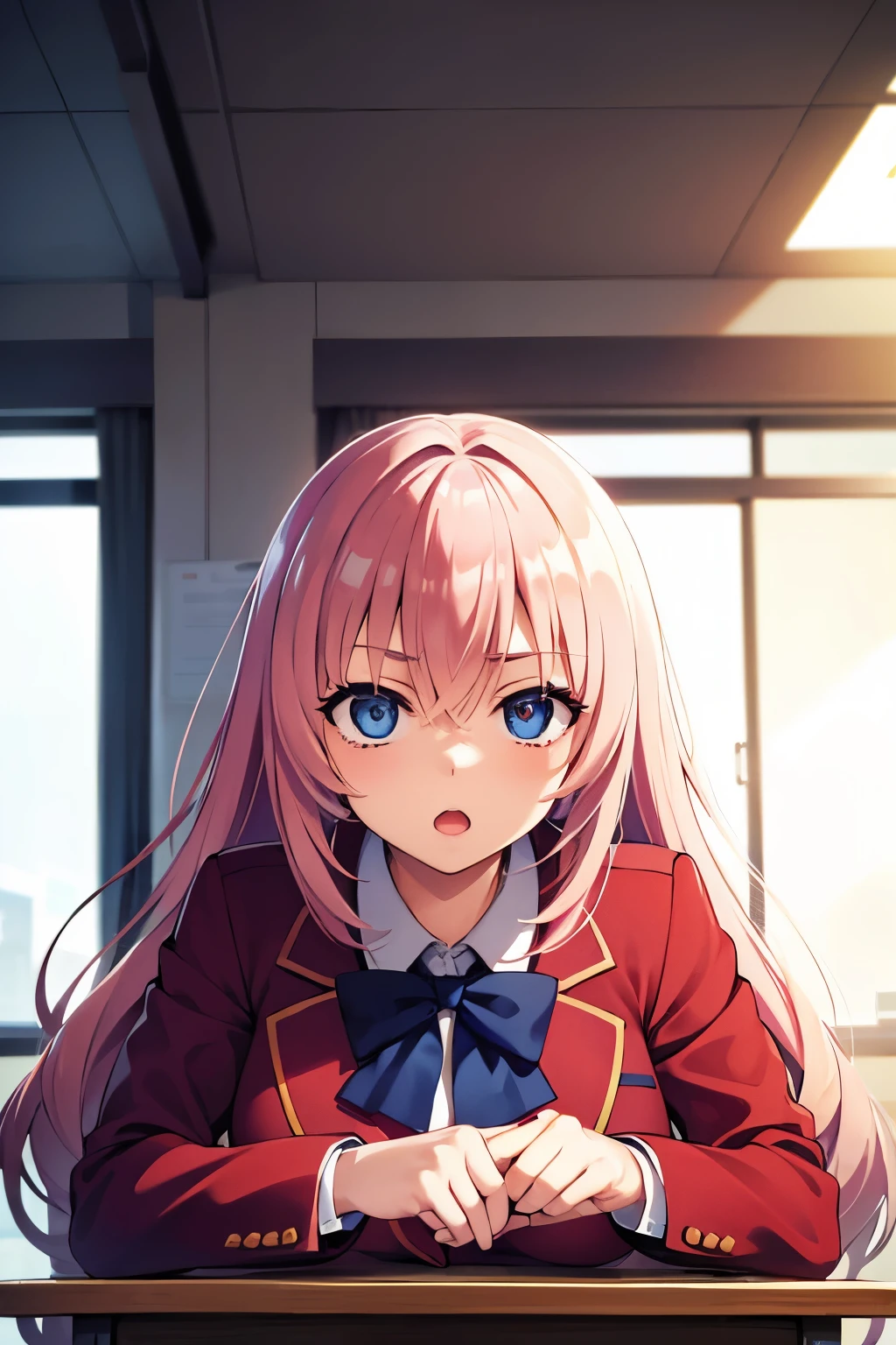 Ichinose Honami, long hair, pink hair, blue eyes, NSFW, school uniform, blue bowtie, blazer, red jacket, long sleeves, pleated skirt, white skirt, BREAK looking at viewer, close-up, 
BREAK indoors, classroom,
BREAK (masterpiece:1.2), best quality, high resolution, unity 8k wallpaper, (illustration:0.8), (beautiful detailed eyes:1.6), extremely detailed face, perfect lighting, extremely detailed CG, (perfect hands, perfect )
