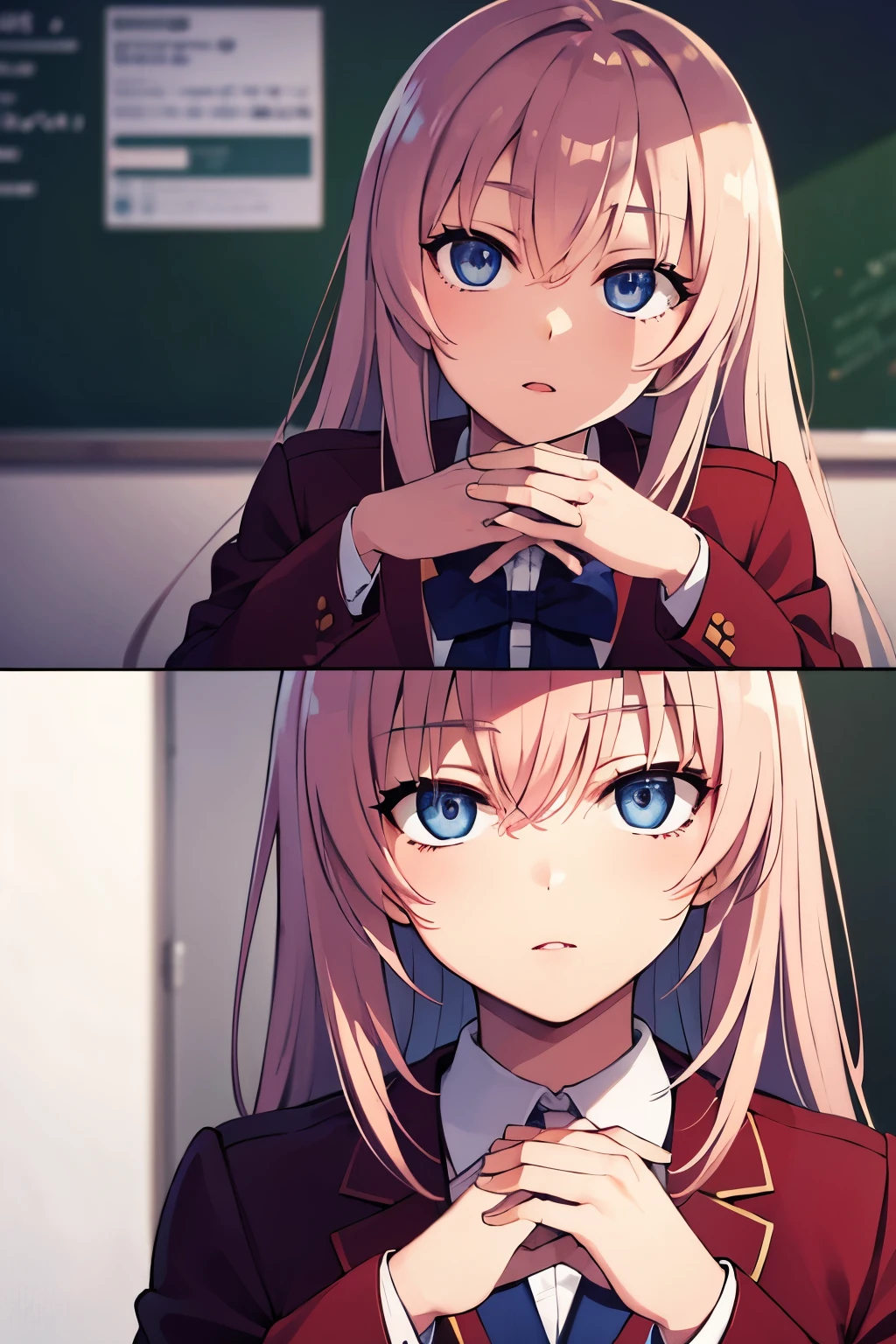 Ichinose Honami, long hair, pink hair, blue eyes, NSFW, school uniform, blue bowtie, blazer, red jacket, long sleeves, pleated skirt, white skirt, BREAK looking at viewer, close-up, 
BREAK indoors, classroom,
BREAK (masterpiece:1.2), best quality, high resolution, unity 8k wallpaper, (illustration:0.8), (beautiful detailed eyes:1.6), extremely detailed face, perfect lighting, extremely detailed CG, (perfect hands, perfect )