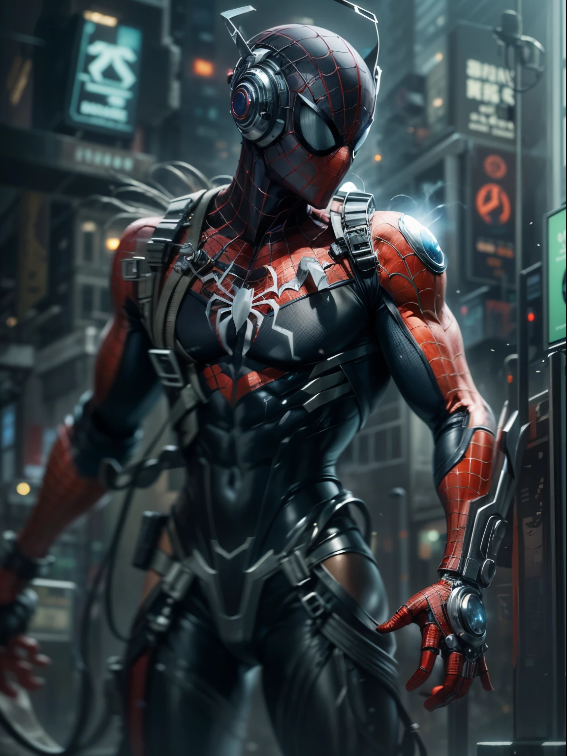 Dark_fanciful,cyber punk perssonage,1人, A half body,Mechanical Wonder,Robotic presence,cybernetic guardians,Spidey，Peter Parker