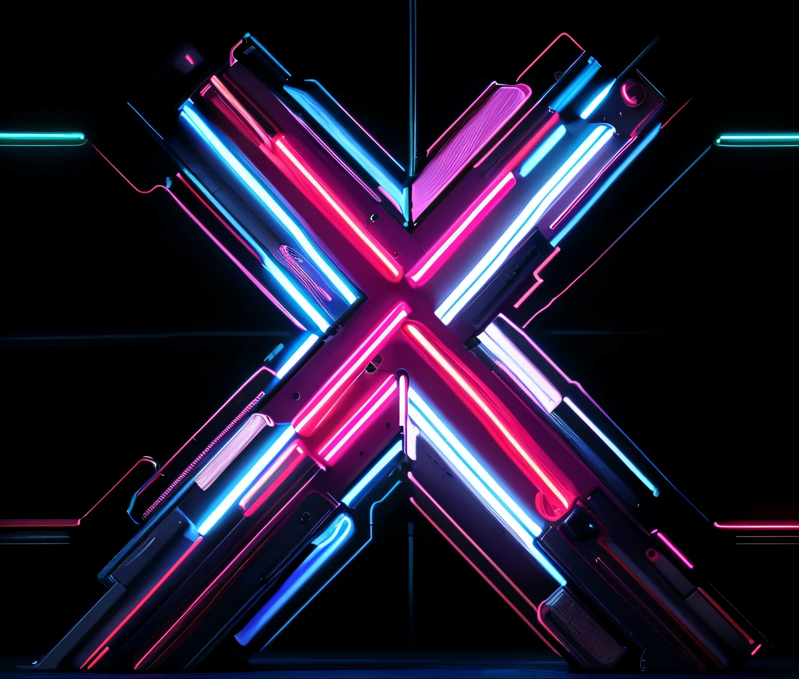 Close up of neon letter x on black background, Hyper-realistic image of x, neon cross, glowing neon vray, made of neon light, Connect luminous tube 8k, Artificial neon signs, Neon art, Machinary特征和霓虹灯, stylized neon, neon volumetric lights, xparticles, Panorama under neon lights, thick neon lights, Machinary,mechs,Metallic grain