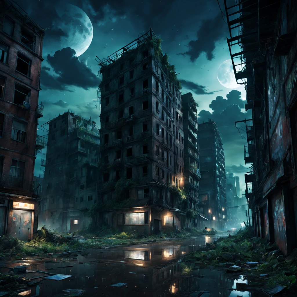 best qualtiy，4k，8k，Tall structures，tmasterpiece：1.2，ultra - detailed，realisticlying：1.37，Abandoned city night view，荒凉The atmosphere，Night view，Abandoned buildings，Dilapidated streetaded graffiti，Ominous darkness，Shattered glass fragments，overgrown vegetation，The atmosphere，Post-apocalyptic feelinelancholic color palette，dramatic contrast，intense shading，clouds under moonlight，超现实The atmosphere，Dystopian background，night reflection，frotting，A sky full of stars。