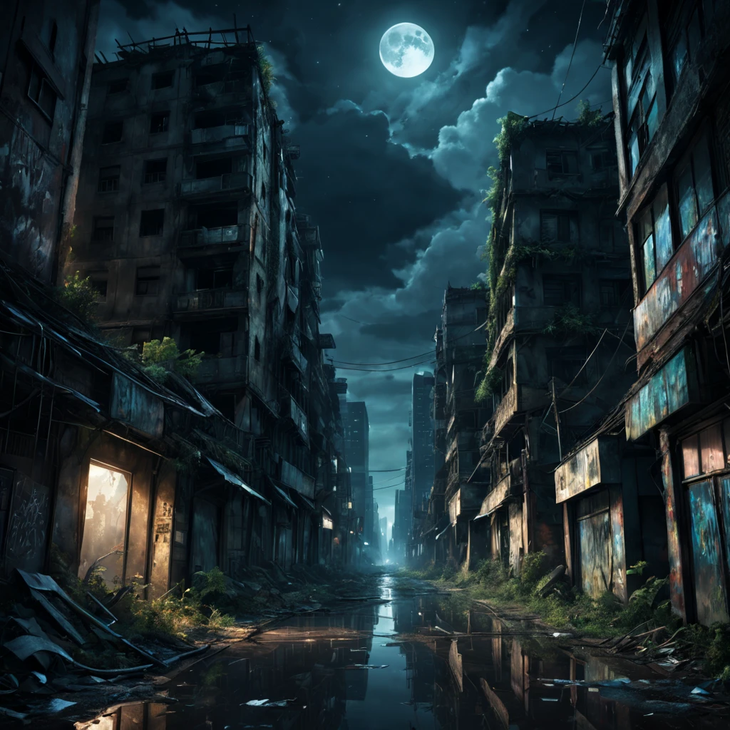 best qualtiy,4k,8k,Tall structures,tmasterpiece:1.2,ultra - detailed,realisticlying:1.37,Abandoned city night view,荒凉The atmosphere,Night view,Abandoned buildings,Dilapidated streetaded graffiti,Ominous darkness,Shattered glass fragments,overgrown vegetation,The atmosphere,Post-apocalyptic feelinelancholic color palette,dramatic contrast,intense shading,clouds under moonlight,超现实The atmosphere,Dystopian background,night reflection,frotting,A sky full of stars。