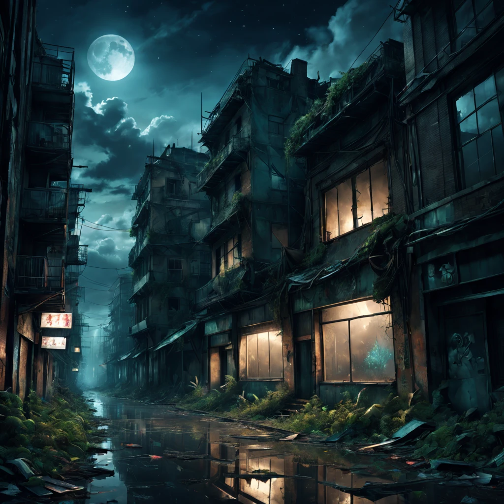 best qualtiy,4k,8k,Tall structures,tmasterpiece:1.2,ultra - detailed,realisticlying:1.37,Abandoned city night view,荒凉The atmosphere,Night view,Abandoned buildings,Dilapidated streetaded graffiti,Ominous darkness,Shattered glass fragments,overgrown vegetation,The atmosphere,Post-apocalyptic feelinelancholic color palette,dramatic contrast,intense shading,clouds under moonlight,超现实The atmosphere,Dystopian background,night reflection,frotting,A sky full of stars。