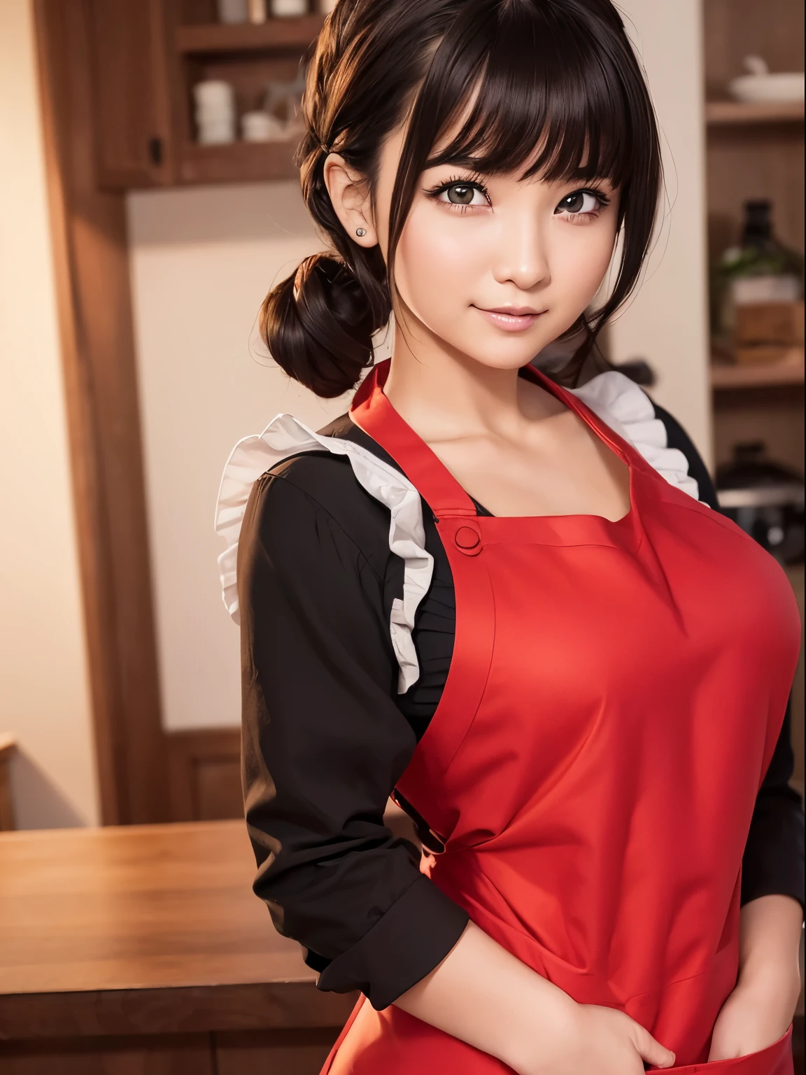 ((Best Quality, 8K, masutepiece)), ultra-detailliert, Sharp Focus, 1 cute girl, ((Red Polar Apron:1.4)), (Black hair, Upstyle:1.4), (Blouse:1.4), Highly detailed face and skin texture, ((detailed eyes beautiful eyes:1.4)), (Smile:1.15), (Closed mouth), cafes