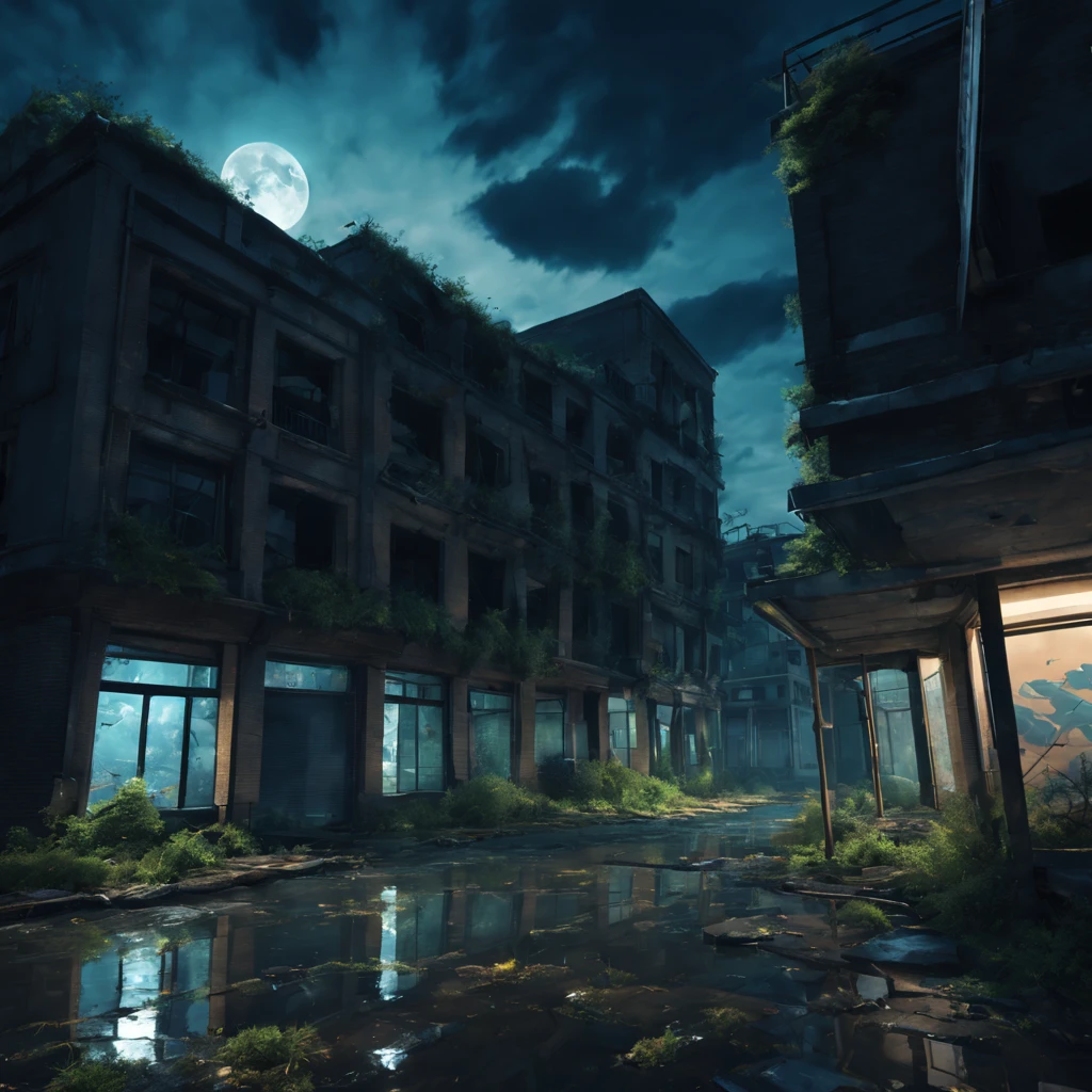 Abandoned city night view，荒凉The atmosphere，Night view，Abandoned buildings，Dilapidated streetaded graffiti，Ominous darkness，Shattered glass fragments，overgrown vegetation，The atmosphere，Post-apocalyptic feelinelancholic color palette，dramatic contrast，intense shading，clouds under moonlight，超现实The atmosphere，Dystopian background，night reflection，frotting，A sky full of starest quality,4k,8k,highres,masterpiece:1.2,ultra-detailed,realistic:1.37,