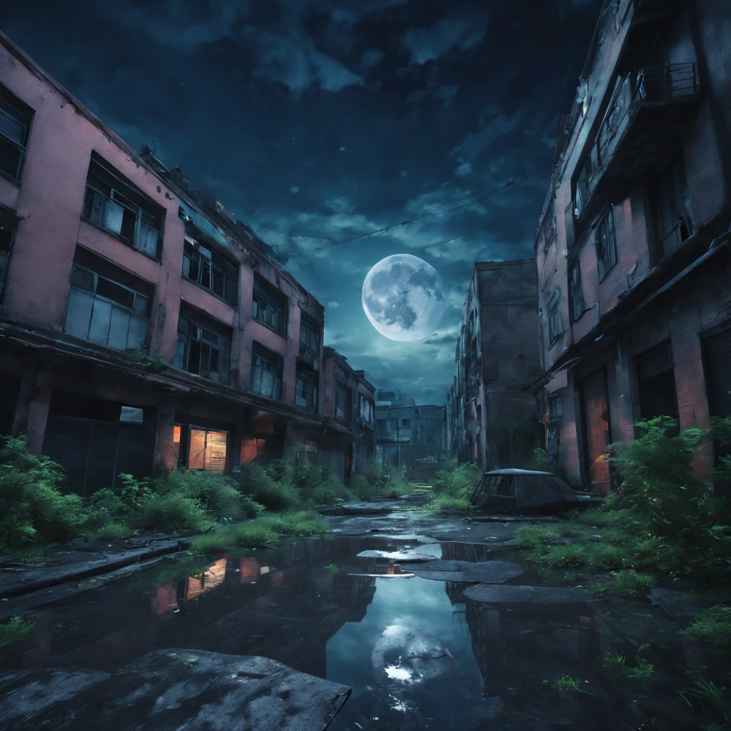 Abandoned city night view，荒凉The atmosphere，Night view，Abandoned buildings，Dilapidated streetaded graffiti，Ominous darkness，Shattered glass fragments，overgrown vegetation，The atmosphere，Post-apocalyptic feelinelancholic color palette，dramatic contrast，intense shading，clouds under moonlight，超现实The atmosphere，Dystopian background，night reflection，frotting，A sky full of starest quality,4k,8k,highres,masterpiece:1.2,ultra-detailed,realistic:1.37,