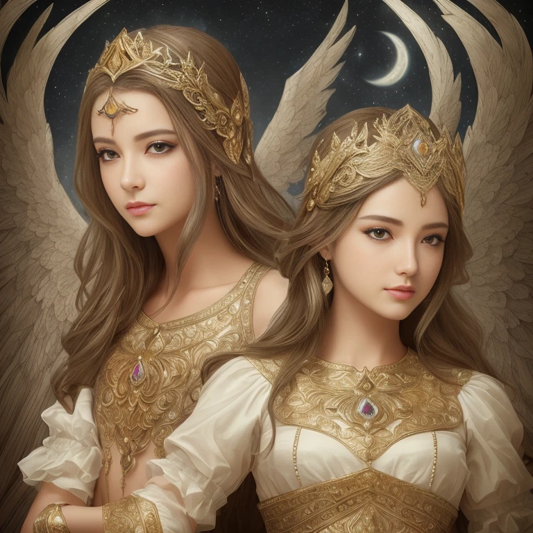 Beautiful and perfect angel with clear and detailed wings, beautiful and flawless face, Defined gray eyes, White tunica with silver and gold flashes, Inlays of precious gemstones, masterpiece, 真实感, magia, Fantasy, The presence of light, Being mysterious and celestial, hard disk,High quality and high resolution, 8K