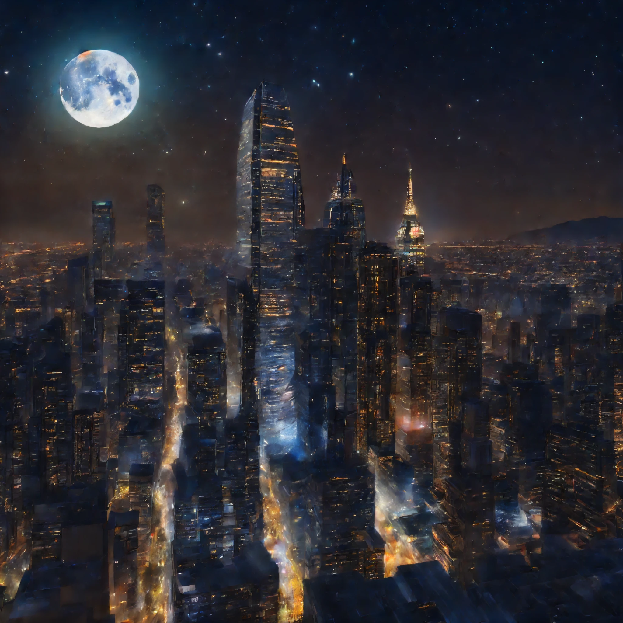 finest image, 8k, RAW photo, realistic, detailed, delicate, flashy and dynamic depiction, the dazzling night view of the downtown area of ​​a big city seen from the window of a high-rise apartment, the pale moon, the starry iridescent sky, and fantasy, art