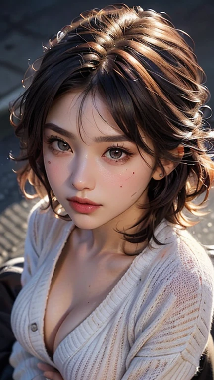 (Masterpiece, Top Quality), 1 MILF, Solo, Breasts, looking at Viewer, Short Hair, Big Breasts, cleavage, Black Hair, Gloves, Brown Eyes, Multicolored Hair, Two-tone Hair, Lips, Makeup, Lipstick, blush , ribbed sweater, real: 1.5, (from above:2.0,face close-up: 1.5), Sheer nipples,