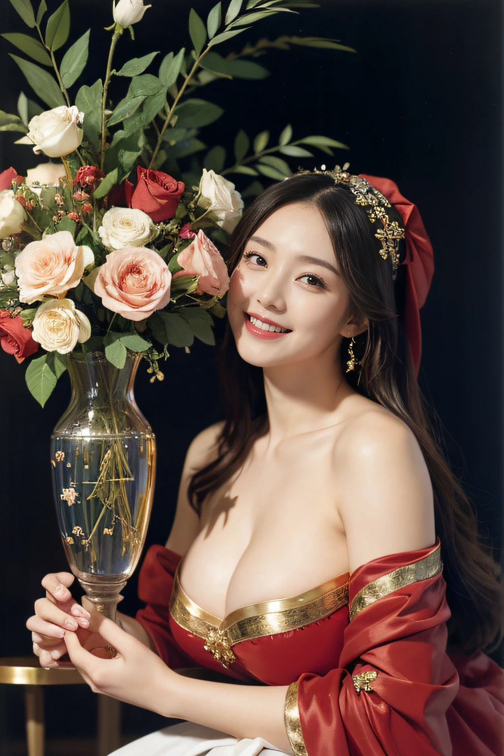 Geometry,stain glass,12 zodiac signs,Vigée Leblanc style,Math、Astronomical utensils,astronault,Roses in a vase,fruits,cute little,A smile,Ancient Greek costumes,Paintings by Sandro Botticelli,Costume with stretched shoulders,huge smile,large full breasts,Ecstasy expression,A sexy,Beautiful bare skin