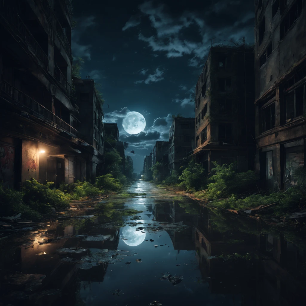 Abandoned city night view,荒凉The atmosphere,Night view,Abandoned buildings,Dilapidated streetaded graffiti,Ominous darkness,Shattered glass fragments,overgrown vegetation,The atmosphere,Post-apocalyptic feelinelancholic color palette,dramatic contrast,intense shading,clouds under moonlight,超现实The atmosphere,Dystopian background,night reflection,frotting,A sky full of starest quality,4k,8k,highres,masterpiece:1.2,ultra-detailed,realistic:1.37,