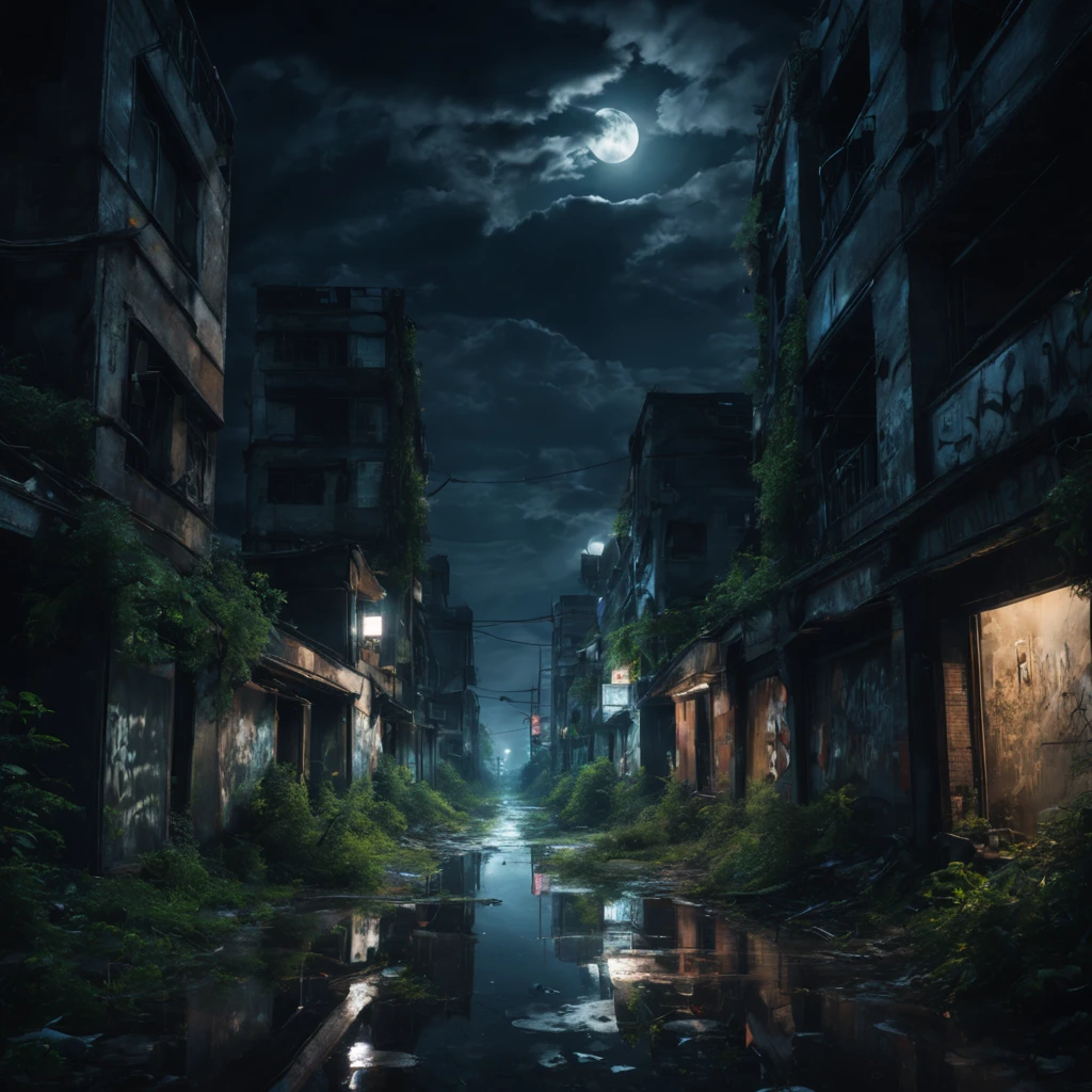 Abandoned city night view，荒凉The atmosphere，Night view，Abandoned buildings，Dilapidated streetaded graffiti，Ominous darkness，Shattered glass fragments，overgrown vegetation，The atmosphere，Post-apocalyptic feelinelancholic color palette，dramatic contrast，intense shading，clouds under moonlight，超现实The atmosphere，Dystopian background，night reflection，frotting，A sky full of starest quality,4k,8k,highres,masterpiece:1.2,ultra-detailed,realistic:1.37,