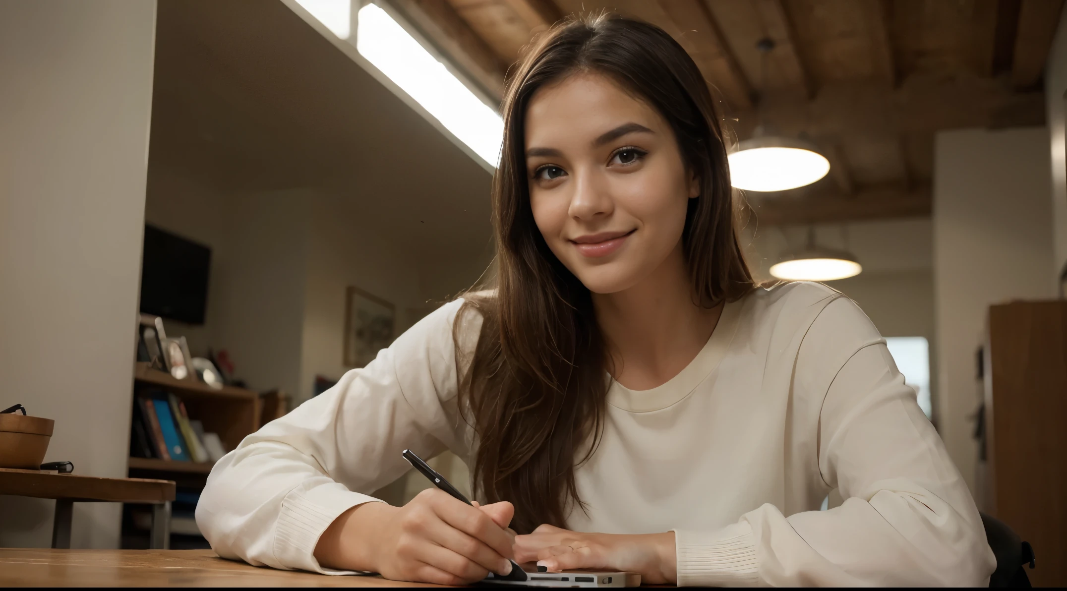 "(((Girl))) sitting on a table, laptop in front of her, smiling, looking at the camera. The girl has brown eyes, dark brown hair. The setting is indoor, with a realistic photographic style. The camera shot is a close-up with a (((50mm lens))). The lighting should be natural, with soft light coming from the side, sitting at the right side of image. The background includes elements suitable for a YouTube thumbnail. Resolution should be (((4K))) for a highly detailed image suitable for a professional thumbnail."