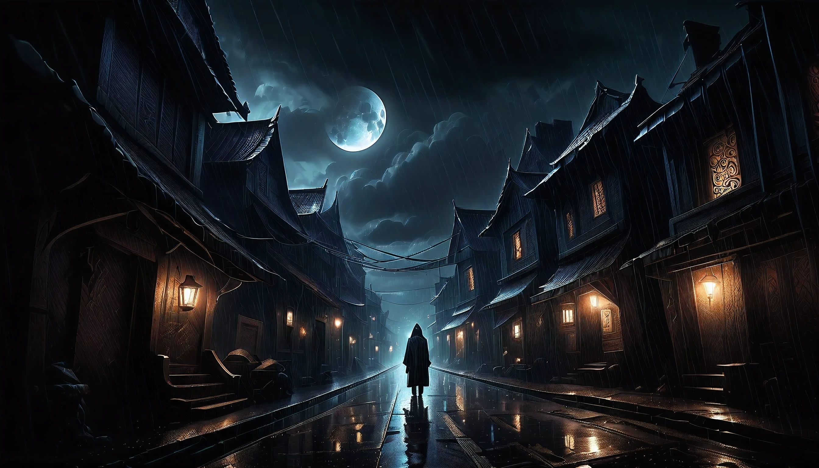 Illustration of a secret base with intricate details, subtle lighting elements, distance profile, A woman with a nervous expression hiding anger in her chest, An atmosphere of beauty like a finely honed blade, eternal dark core city, drizzle and darkest clouds drift, Eternal time, It feels like the wind of eternity, Lonely atmosphere, Tears, Streetlights shining with sadness, Sadness shines through your face, Cold rain, expression of wet clothes, darkest dim coating, sad wish, Still like a movie,