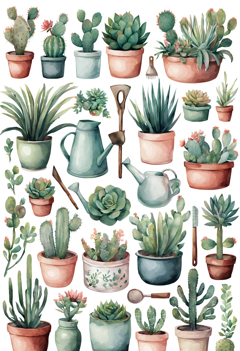 A collection of watercolor botanical elements in muted greens. The sticker sheet features detailed illustrations of various plants, leaves, succulents, botanical tools (such as a watering can, terrarium, herbs, cacti, flowers, gardening gloves, shovel, pots, and pruning shears). The style is realistic and detailed, capturing the intricate beauty of each element. The atmosphere is serene and natural, evoking a sense of calm and tranquility. The sticker sheet is designed on a transparent background, allowing for easy integration into any project.