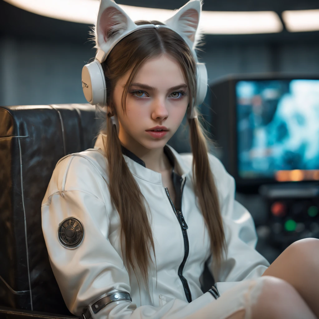 White girl, arold, sitting on a bed, in a cyberpunk steel bunker with hatches etc., in the background. she is wearing white cats ears. She has twintail hairstyle. 13 yl, slim , small girl, beal breasts. Masterpiece, 8k, 4k, high resolution, dslr, ultra quality, sharp focus, tack sharp, dof, film grain, Fujifilm XT3, crystal clear, 8K UHD, beautiful eyes with very large Dilated pupils, high detailed skin, skin pores, seductive, look, bewitching lady with beautiful long hair, full lips, long legs, lovely face wearing torn vaultsuit clothes. , realistic colors, realistic, photorealistic