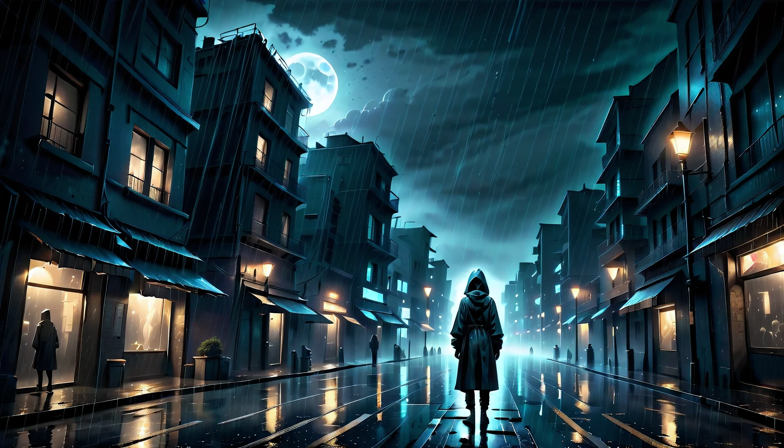 Illustration of a secret base with intricate details, subtle lighting elements, distance profile, A woman with a nervous expression hiding anger in her chest, An atmosphere of beauty like a finely honed blade, eternal dark core city, drizzle and darkest clouds drift, Eternal time, It feels like the wind of eternity, Lonely atmosphere, Tears, Streetlights shining with sadness, Sadness shines through your face, Cold rain, expression of wet clothes, darkest dim coating, sad wish, Still like a movie,