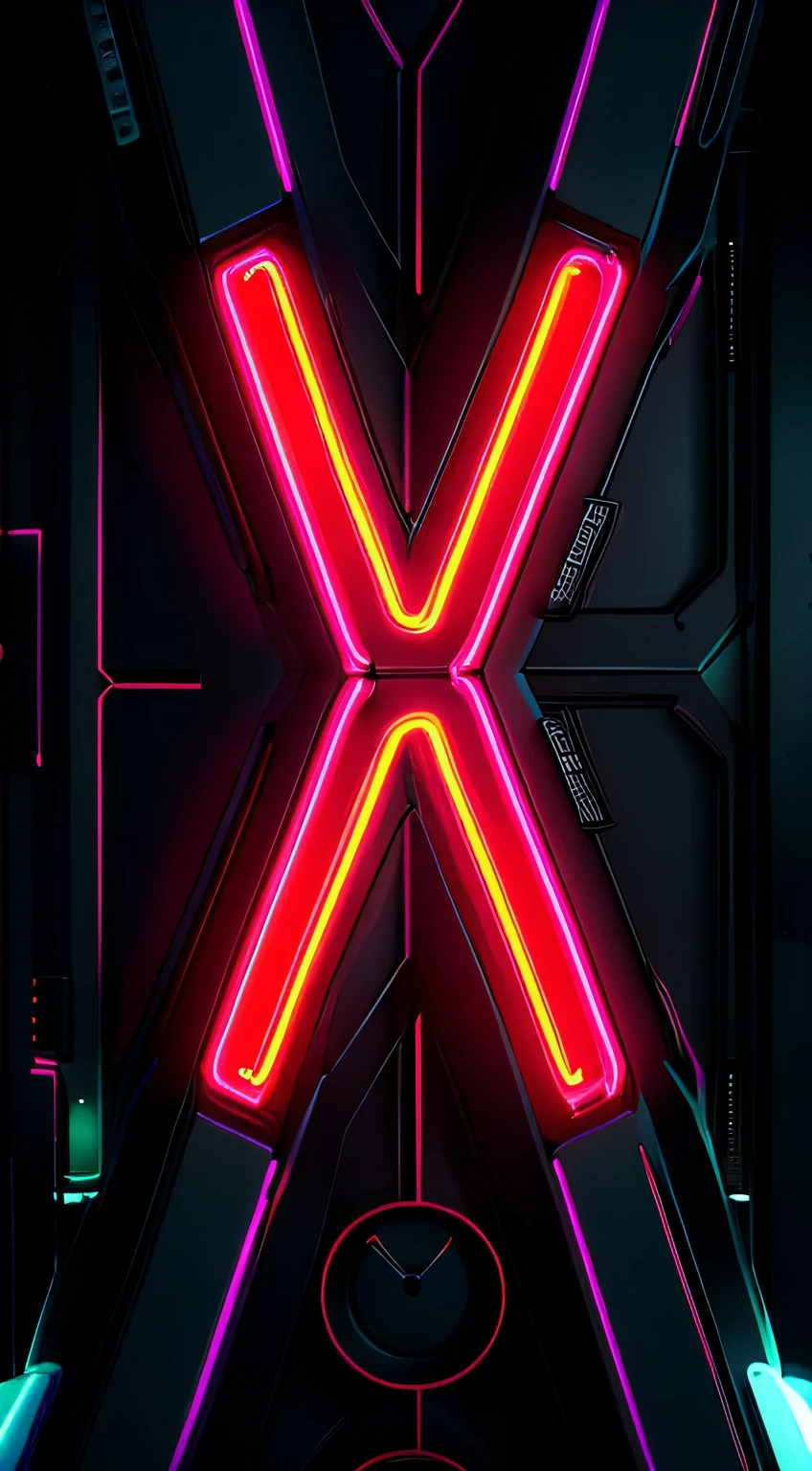 Close up of neon letter x on black background, Hyper-realistic image of x, neon cross, glowing neon vray, made of neon light, Connect luminous tube 8k, Artificial neon signs, Neon art, emechanical cyborg特征和霓虹灯, stylized neon, neon volumetric lights, xparticles, Panorama under neon lights, thick neon lights, emechanical cyborechs，metallic patterns