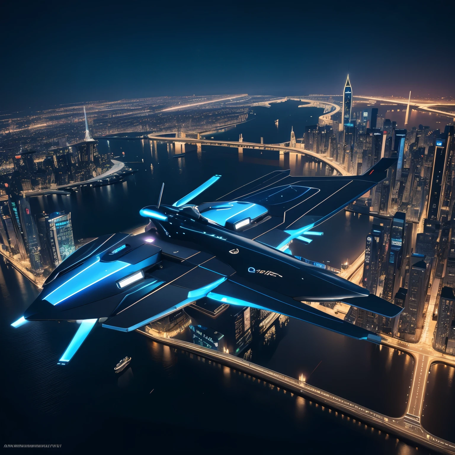 Ville de nuit, Cyberpunk,Grand immeuble, an air route with a flying taxi, The colors are based on blue, ((futuriste)) et (mechanical) environnement, 4K