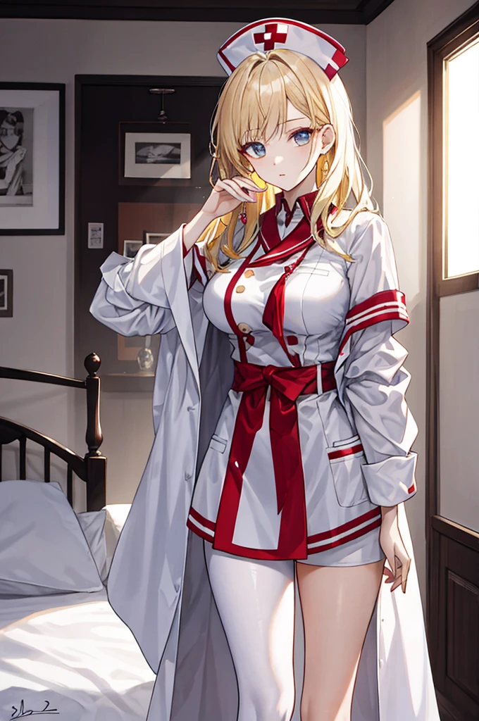 tmasterpiece， Best quality at best， finely detailled， A high resolution， Extremely refined and beautiful， nsfw,1womanl，slenderlegs， looking at viewert， face to the viewer， Golden hair， white backgrounid， 独奏，（full bodyesbian：2），A mother，Big breasts wife，Nurse's uniform，Bedrooms，Complicated details，Intricate patterns，