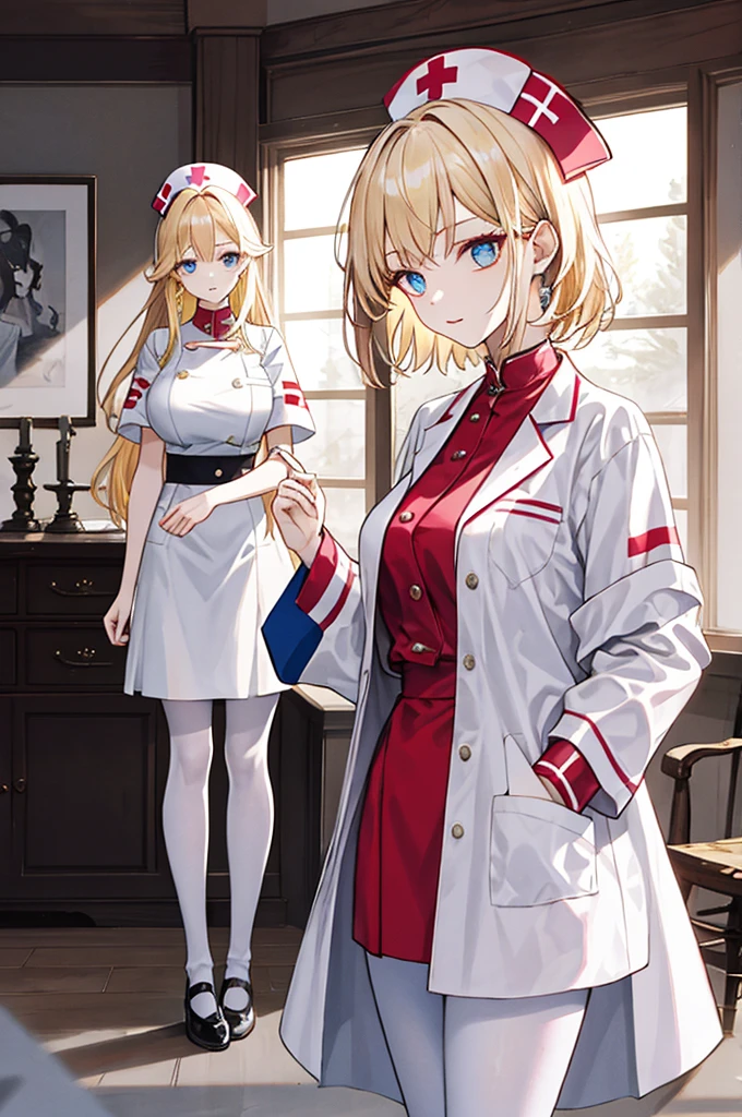 tmasterpiece， Best quality at best， finely detailled， A high resolution， Extremely refined and beautiful， nsfw,1womanl，slenderlegs， looking at viewert， face to the viewer， Golden hair， white backgrounid， 独奏，（full bodyesbian：2），A mother，Big breasts wife，Nurse's uniform，Bedrooms，Complicated details，Intricate patterns，